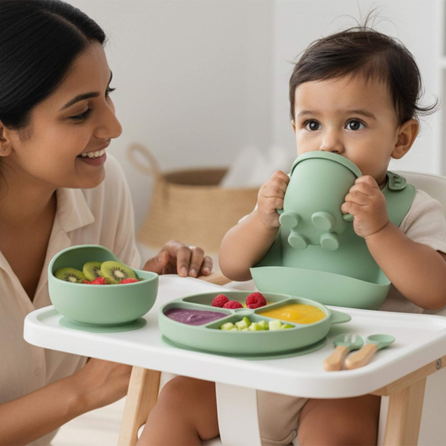 Premium Silicone Baby Feeding Set | 6-Piece Suction Dinnerware in use with a baby enjoying healthy snacks.