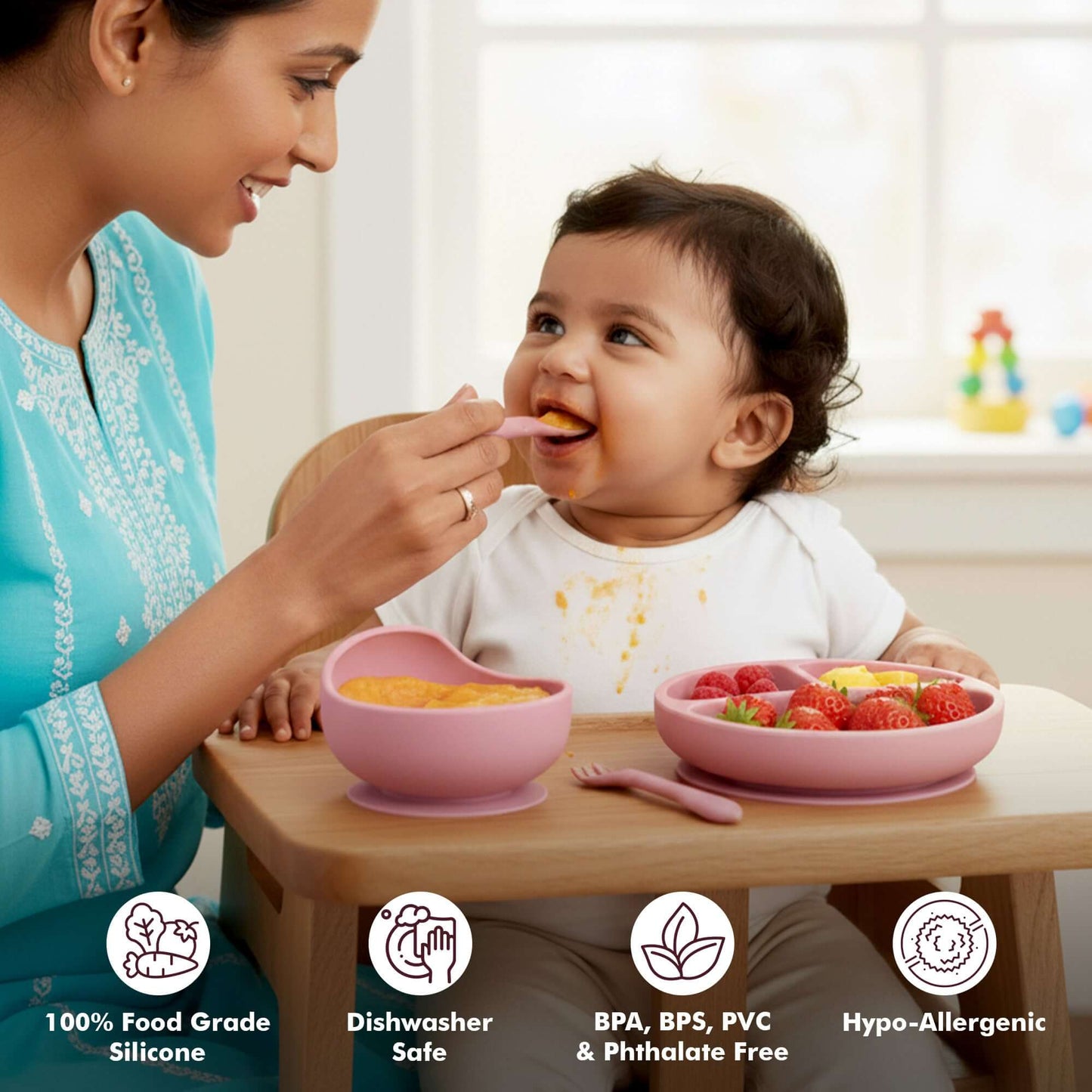 Silicone Baby & Infant Feeding Set (4 Pcs Pack) in use by mother feeding baby, showcasing food grade silicone.