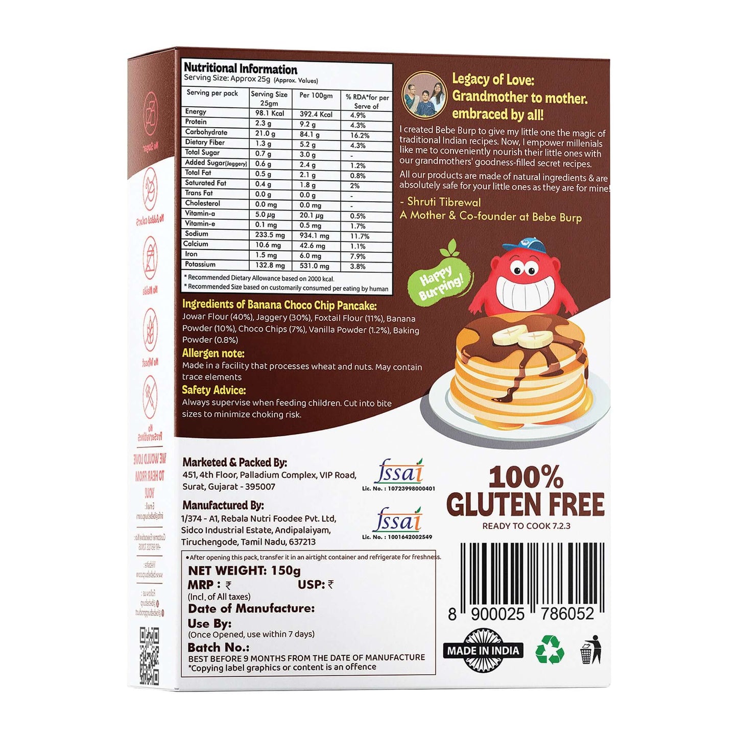 Back of Banana Choco Chip Pancake Mix Powder (150gm) packaging with nutritional information and gluten-free label.