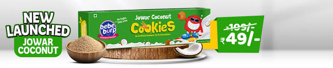 Jowar Coconut Cookies 75gm packaging with coconut and jowar flour, showcasing price and branding.