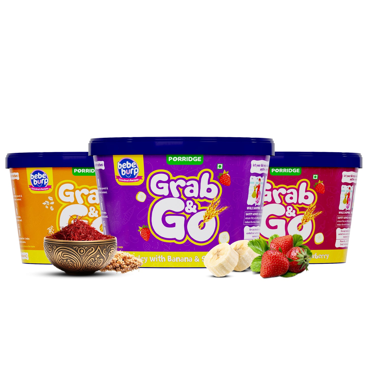 Assorted travel food for babies bowls featuring Barley, Multi Millet, and Ragi blends, displayed with natural ingredients on a wooden surface.
