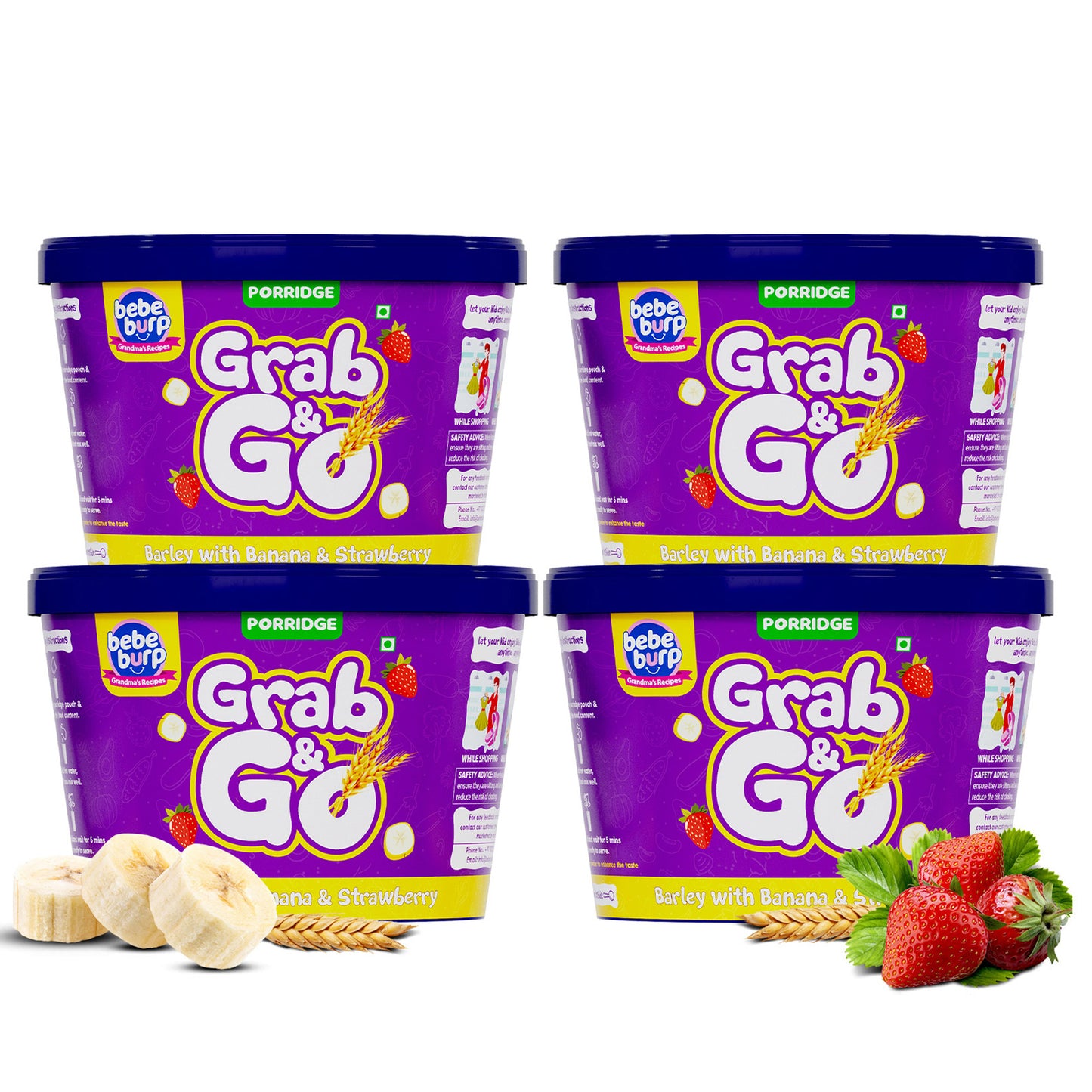 Barley baby travel food for babies in a bowl with spoon, surrounded by natural ingredients on a wooden surface