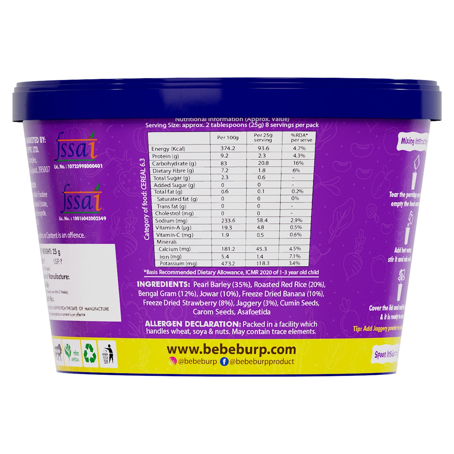 Bebe Burp Barley Khichdi travel food pack with Puffed Rice in a bowl, surrounded by fresh ingredients like carrots and herbs.