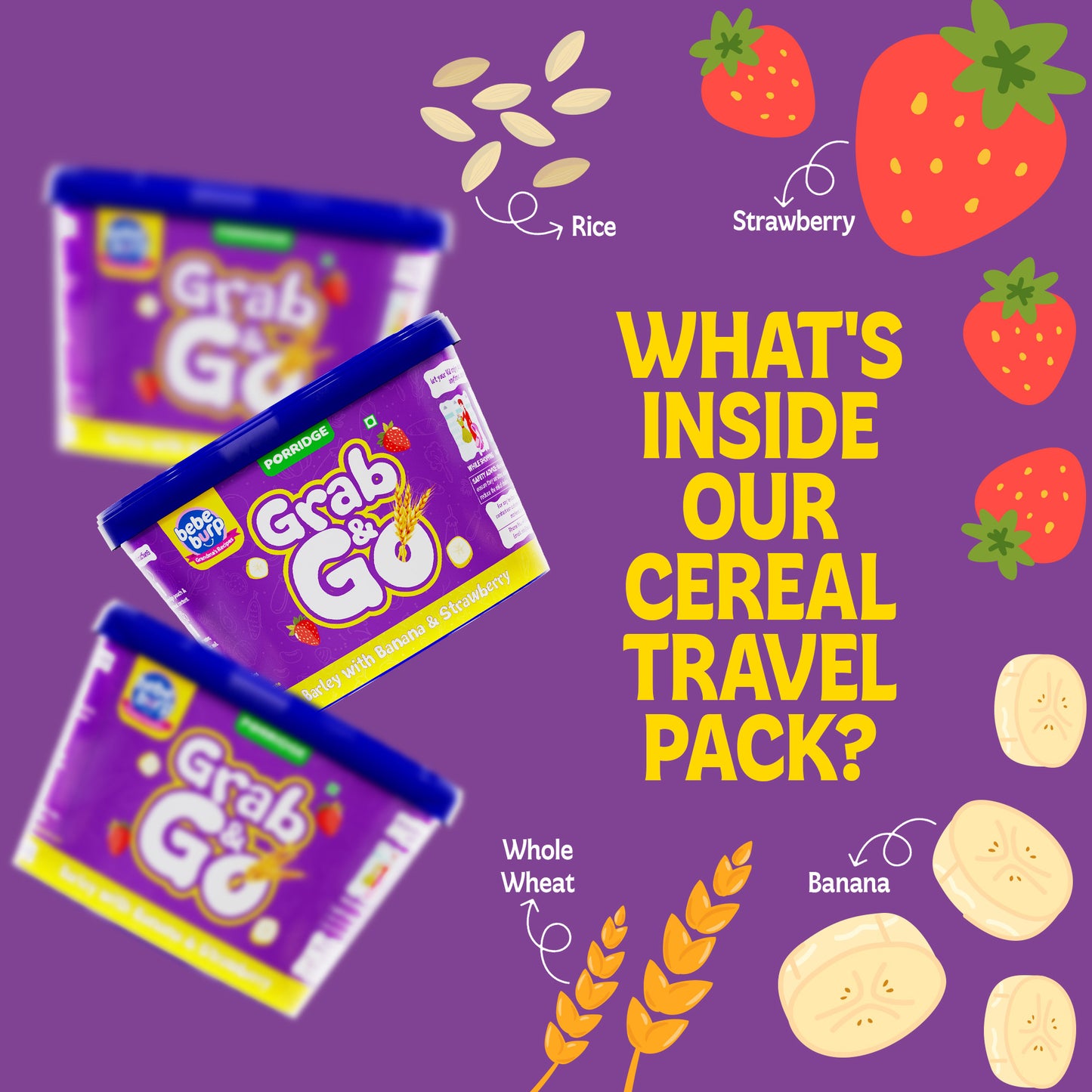 Barley baby travel food for babies in a bowl with spoon, surrounded by natural ingredients on a wooden surface
