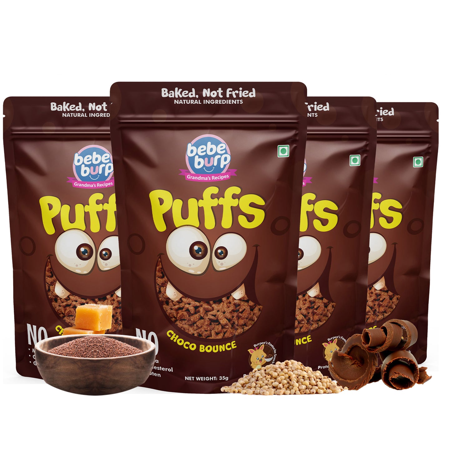Four packs of Bebe Burp Choco Bounce puff for baby, made with ragi, jowar, jaggery, and chocolate curls in front.