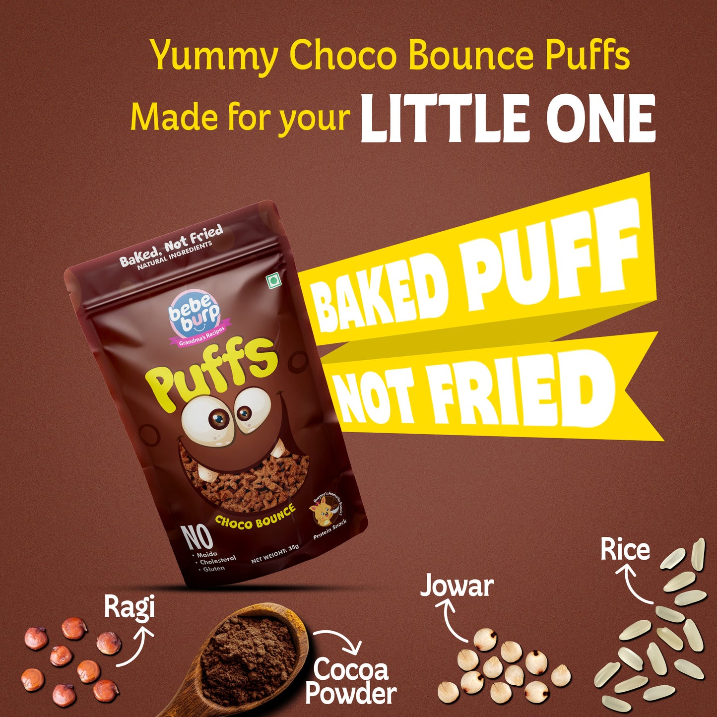 Four packs of Bebe Burp Choco Bounce puff for baby, made with ragi, jowar, jaggery, and chocolate curls in front.