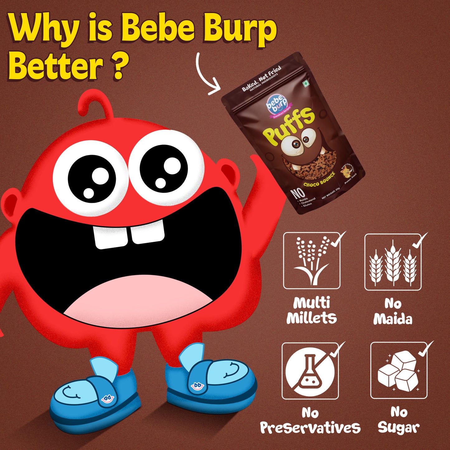 Four packs of Bebe Burp Choco Bounce puff for baby, made with ragi, jowar, jaggery, and chocolate curls in front.