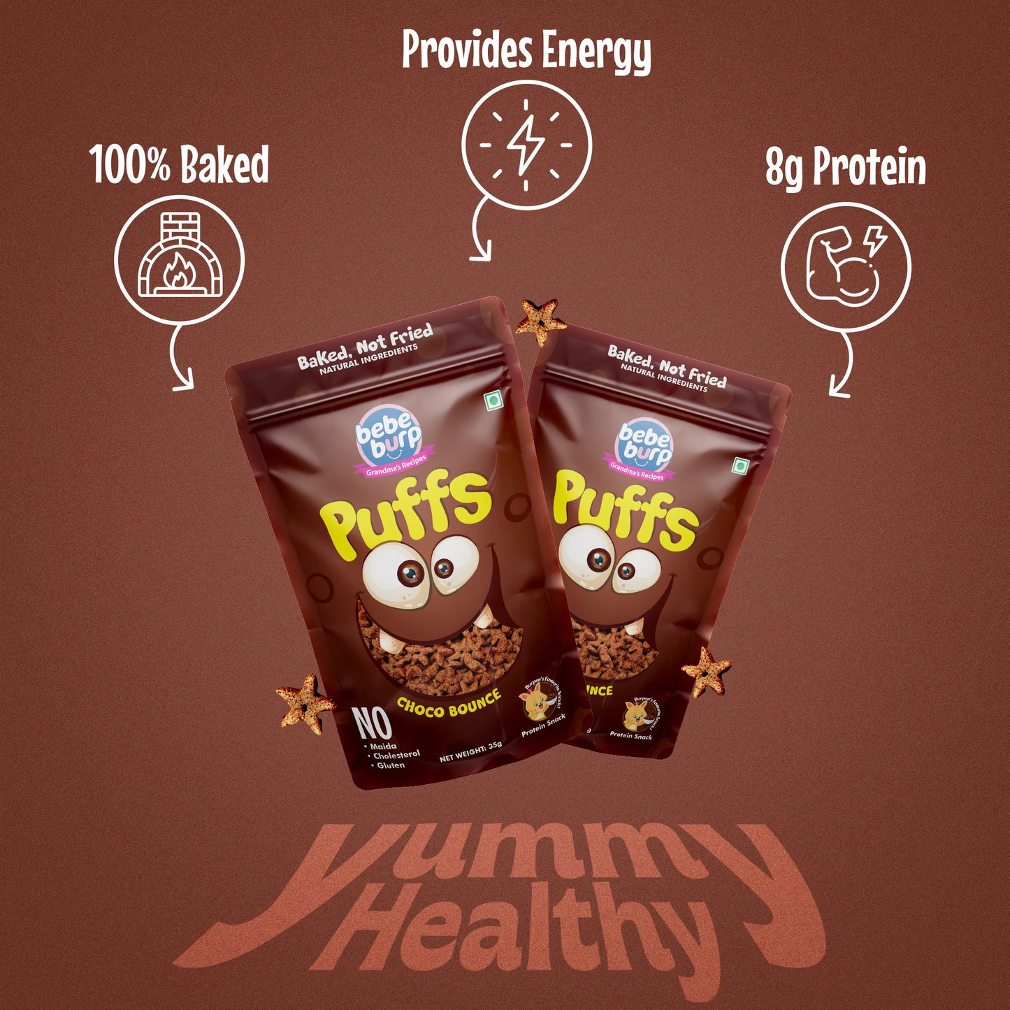 Four packs of Bebe Burp Choco Bounce puff for baby, made with ragi, jowar, jaggery, and chocolate curls in front.