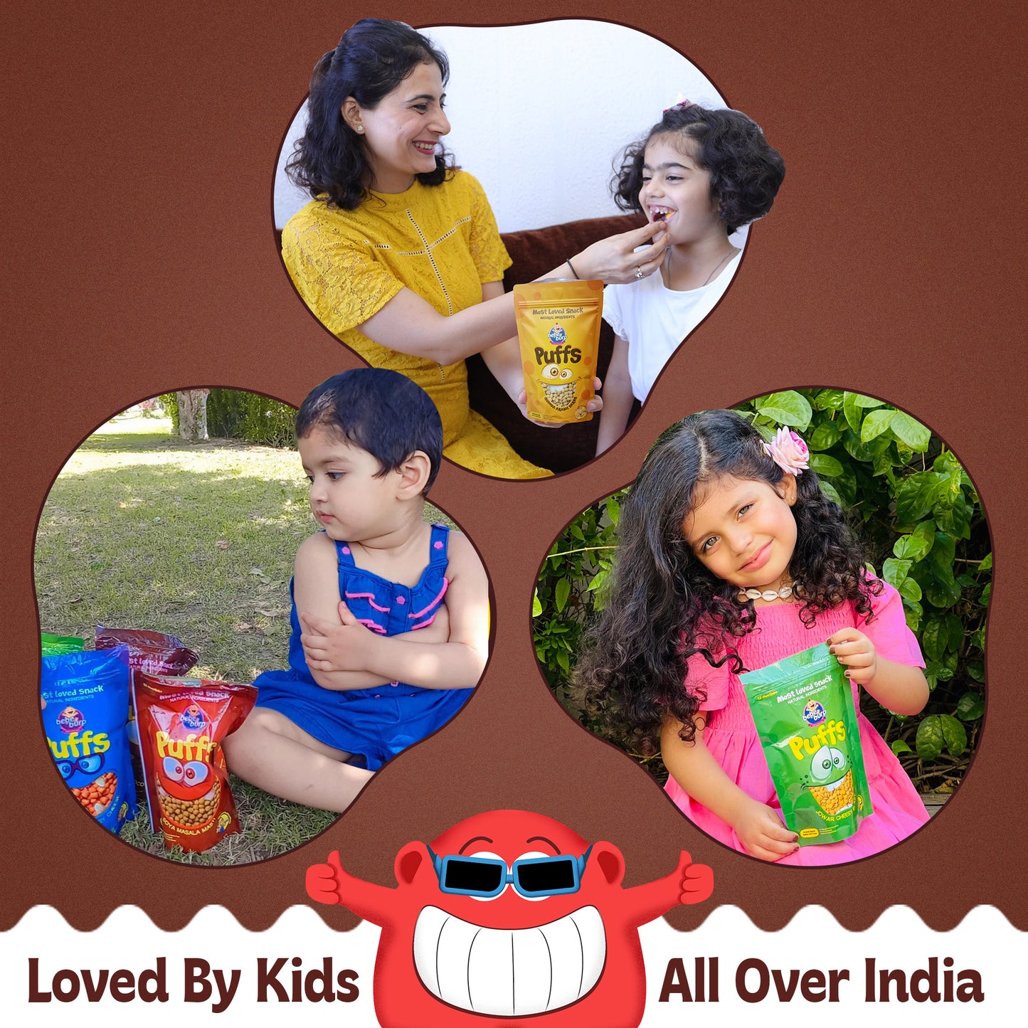 Four packs of Bebe Burp Choco Bounce puff for baby, made with ragi, jowar, jaggery, and chocolate curls in front.