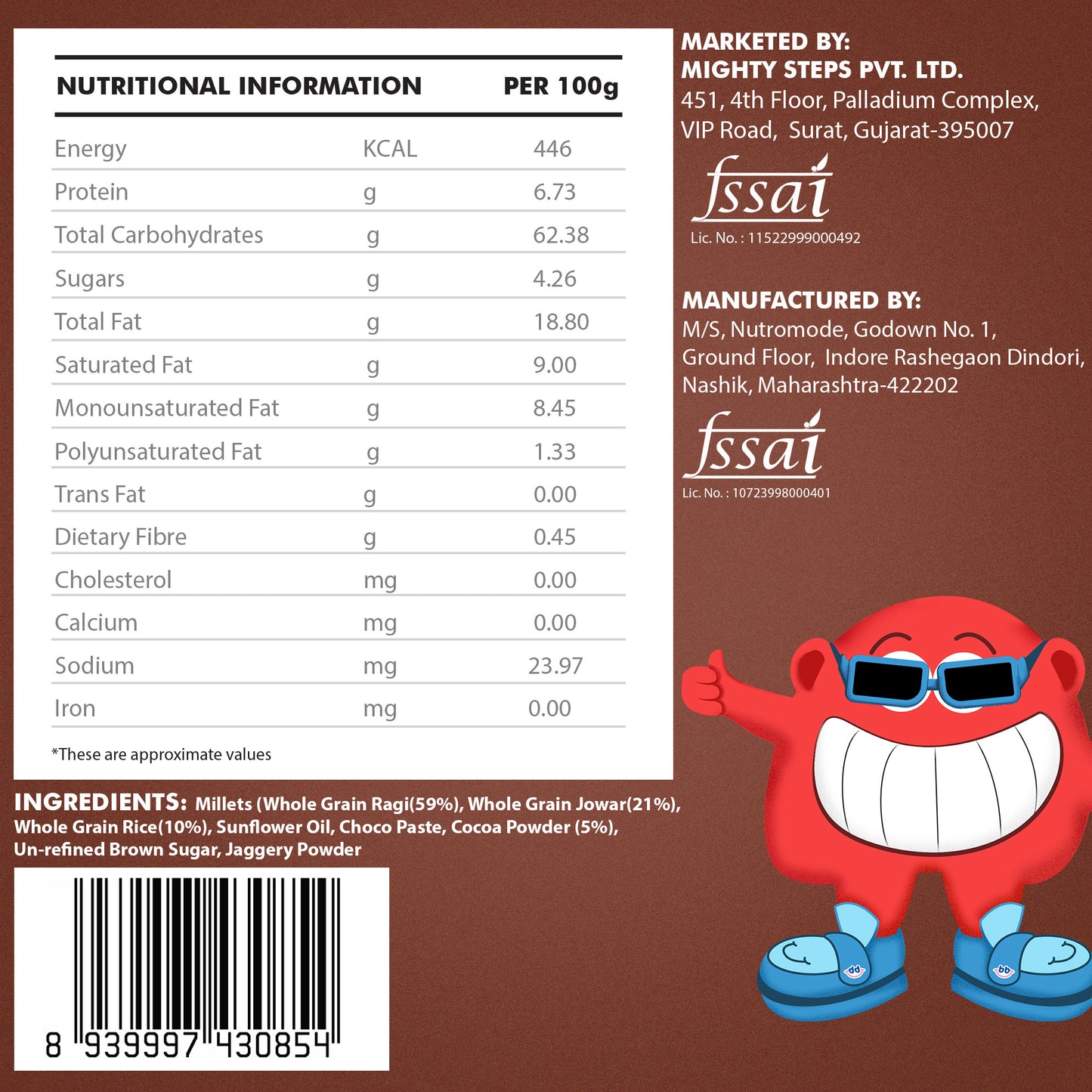 Four packs of Bebe Burp Choco Bounce puff for baby, made with ragi, jowar, jaggery, and chocolate curls in front.