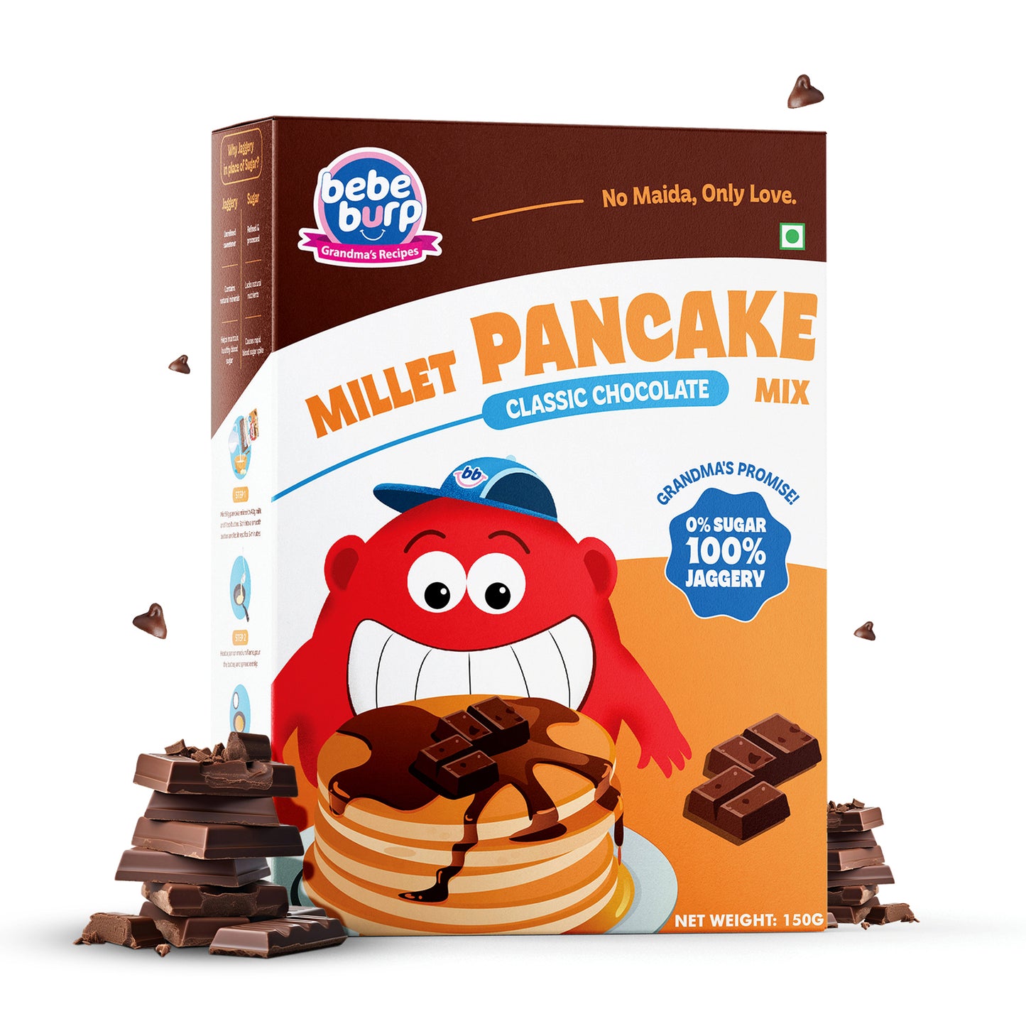 A box of Bebe Burp chocolate chip pancake mix powder, promoting a healthy and tasty breakfast option for kids.