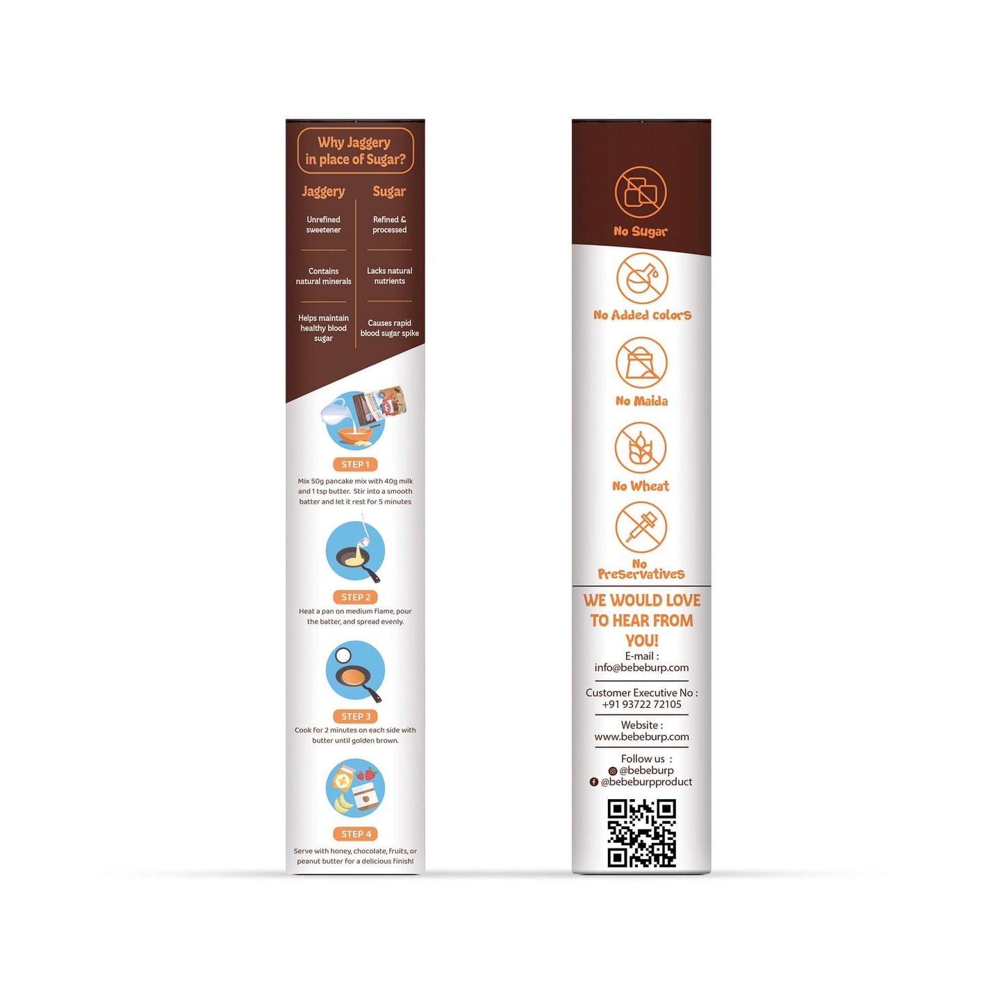 Classic chocolate pancake mix powder (150gm) packaging showcasing benefits of using jaggery over sugar.