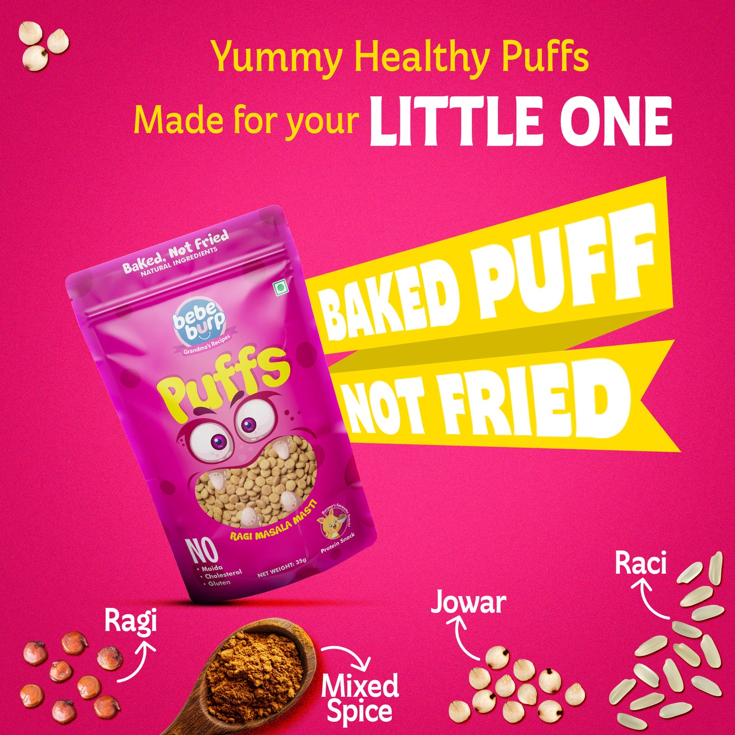 Colorful variety of Bebe Burp organic baby puffs in fun packs, made with natural ingredients and baked, not fried.