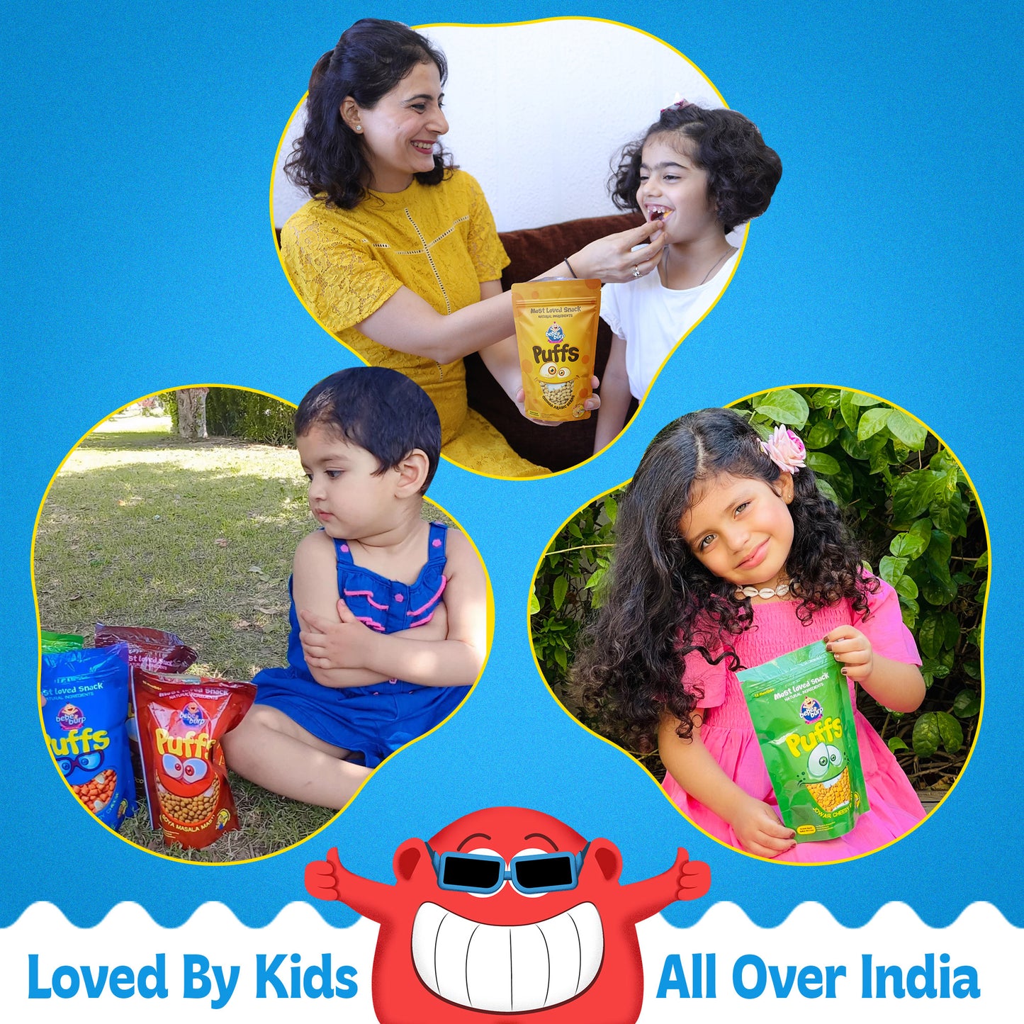 Colorful variety of Bebe Burp organic baby puffs in fun packs, made with natural ingredients and baked, not fried.