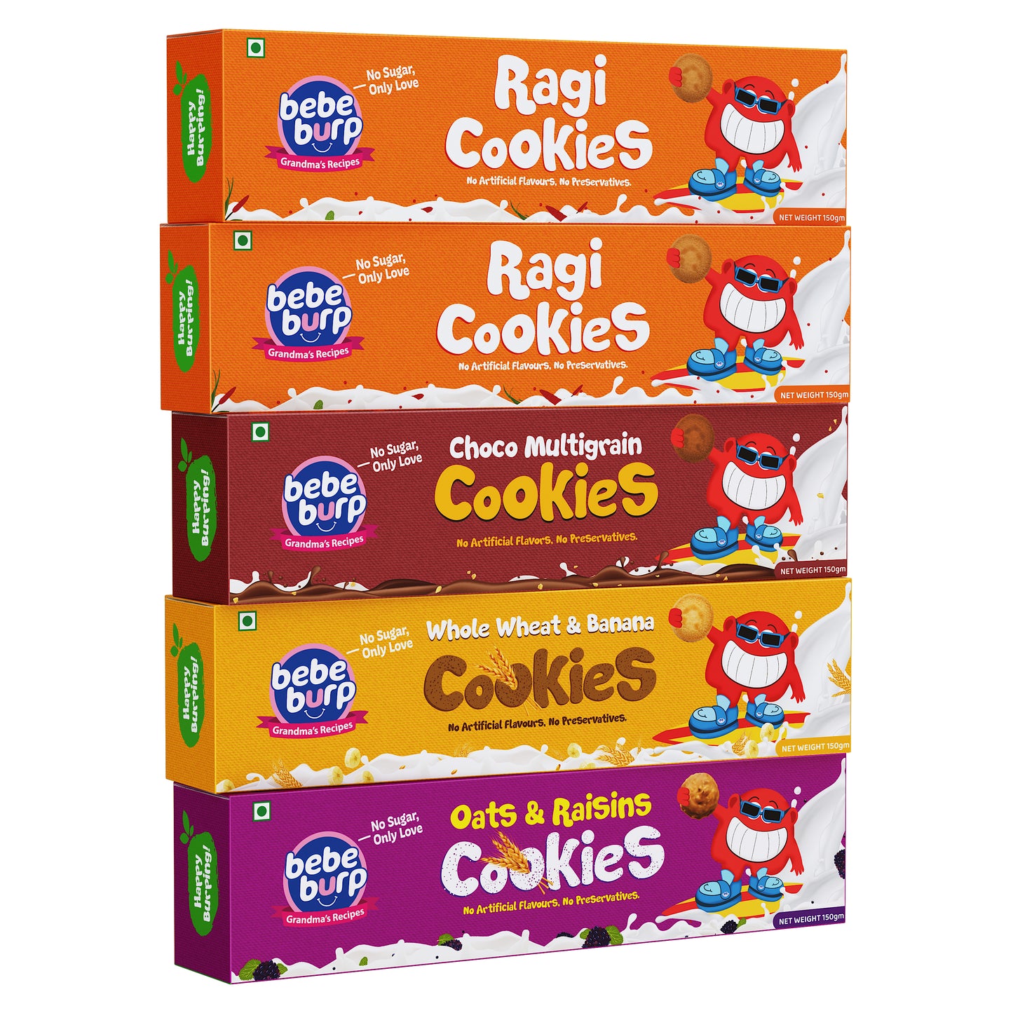 Stack of five colorful Bebe Burp baby food cookie boxes including Ragi Cookies, Choco Multigrain Cookies, Whole Wheat & Banana Cookies, and Oats & Raisins Cookies.