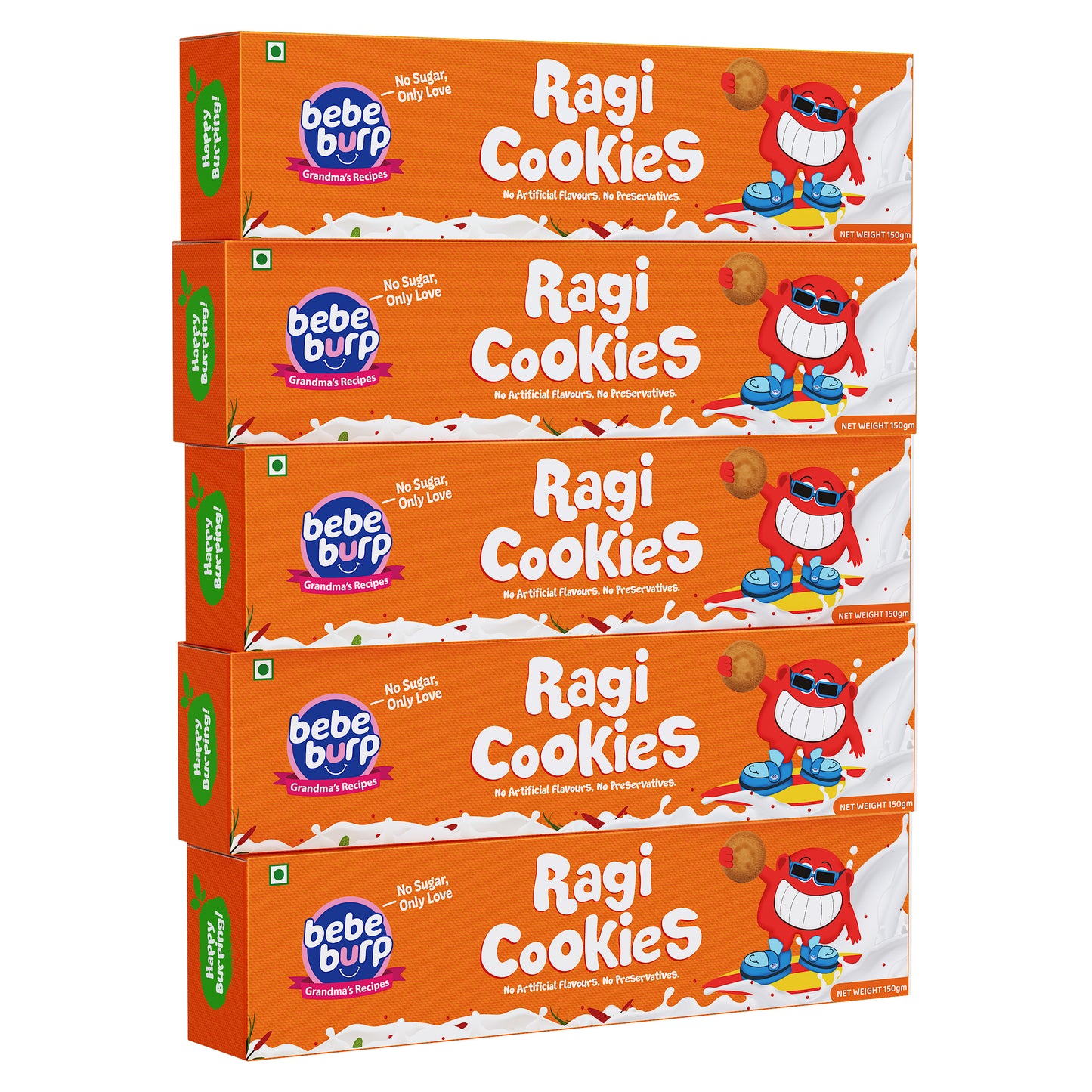 Five stacked orange boxes of Bebe Burp Ragi Cookies, featuring a smiling cartoon character. Text highlights "No Sugar, Only Love, No Artificial Flavors."