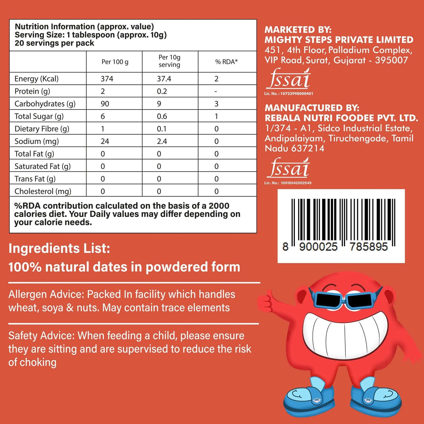 Dates Powder – 100% Natural Sweetener for Kids & Healthy Recipes 200 g packaging with nutritional information.