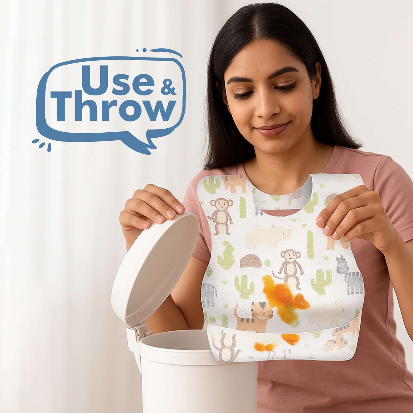 Disposable Baby Bibs for Babies (Pack of 10) | Waterproof, Lightweight & Travel-Friendly being disposed of.