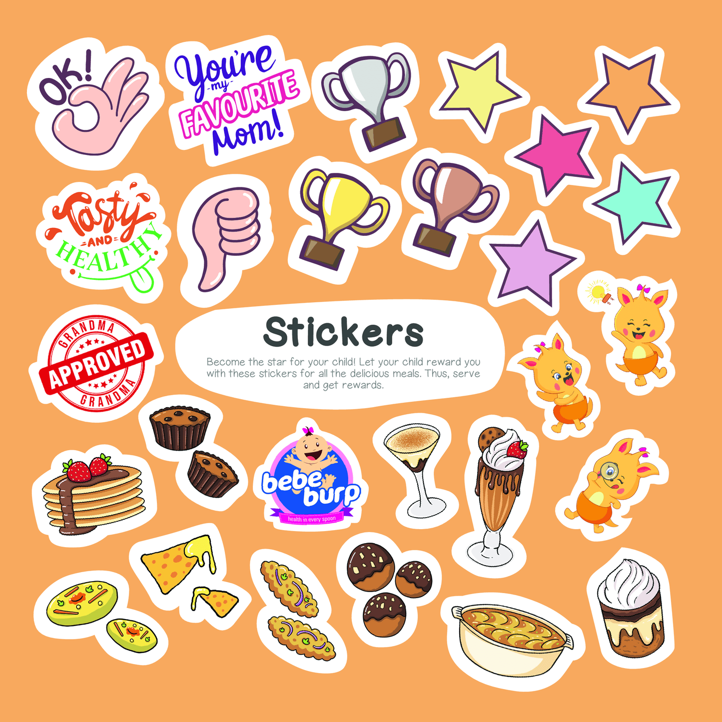 Colorful sticker sheet featuring fun designs like trophies, stars, and food items for kids.