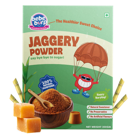 Bebe Burp Jaggery Powder made from pure jaggery, a natural and healthy sweetener alternative for kids and baby food recipes.