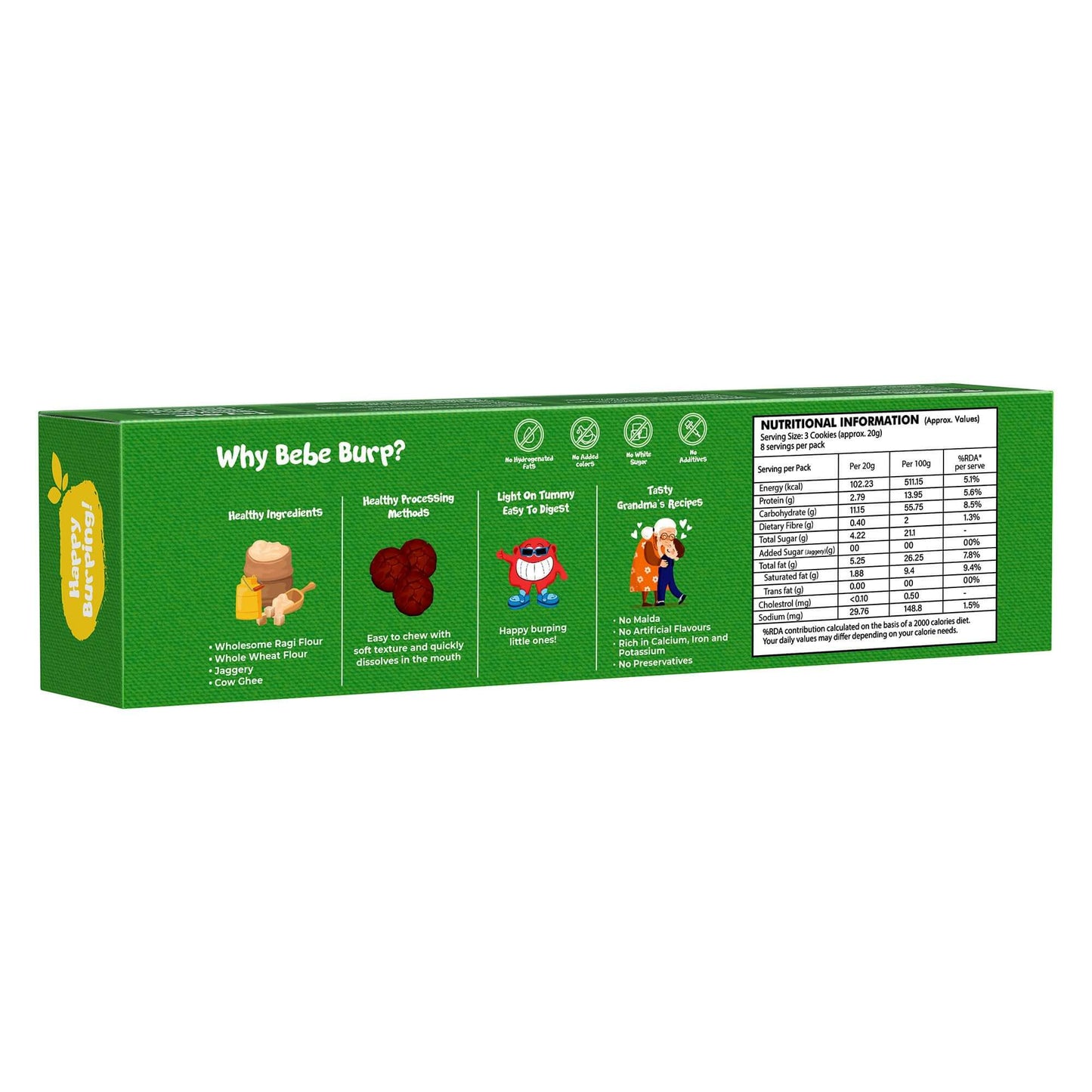 Nutritional information and highlights of Bebe Burp product package, emphasizing healthy ingredients.
