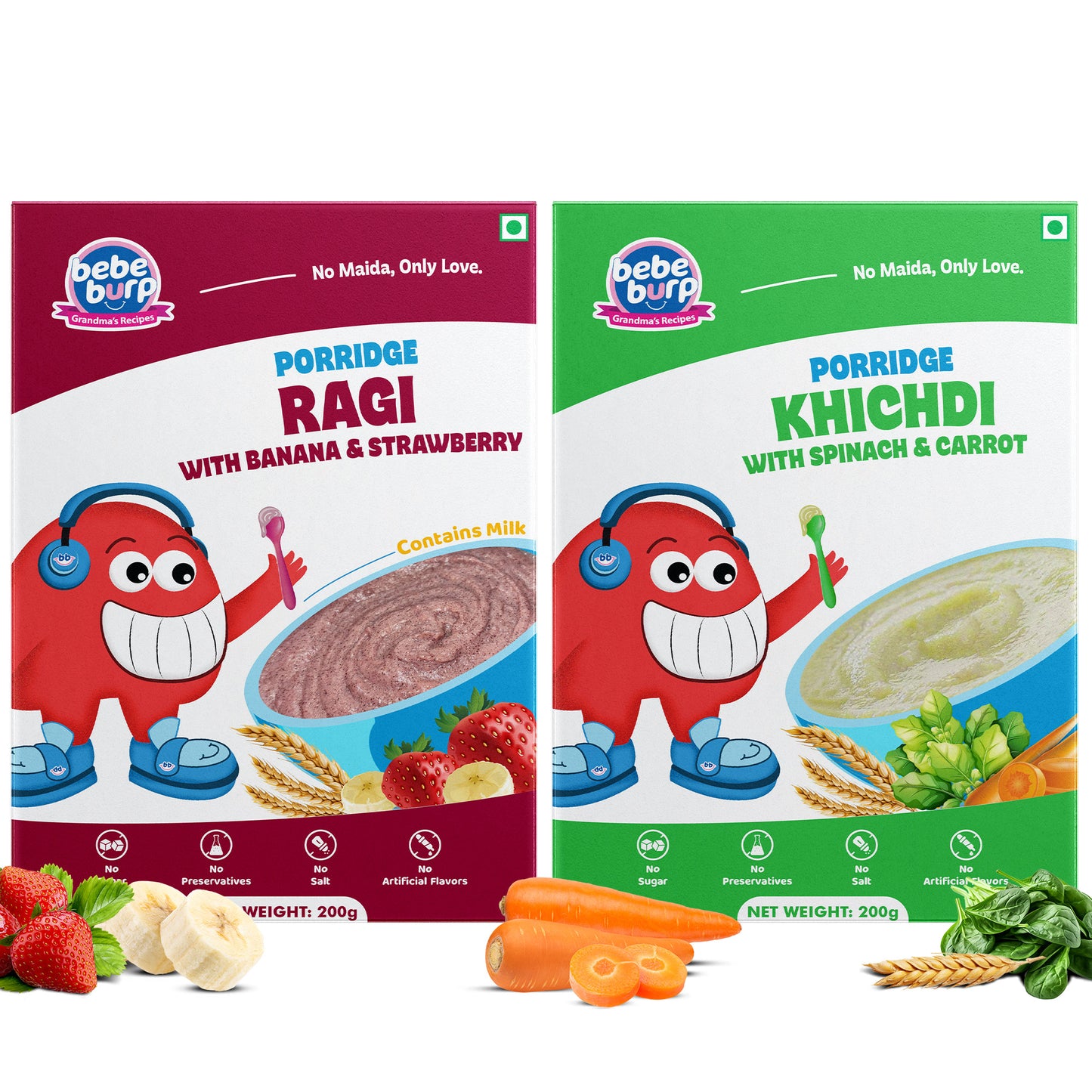 Two packages of baby food in a combo pack, labeled "porridge ragi" and "porridge khichdi".
