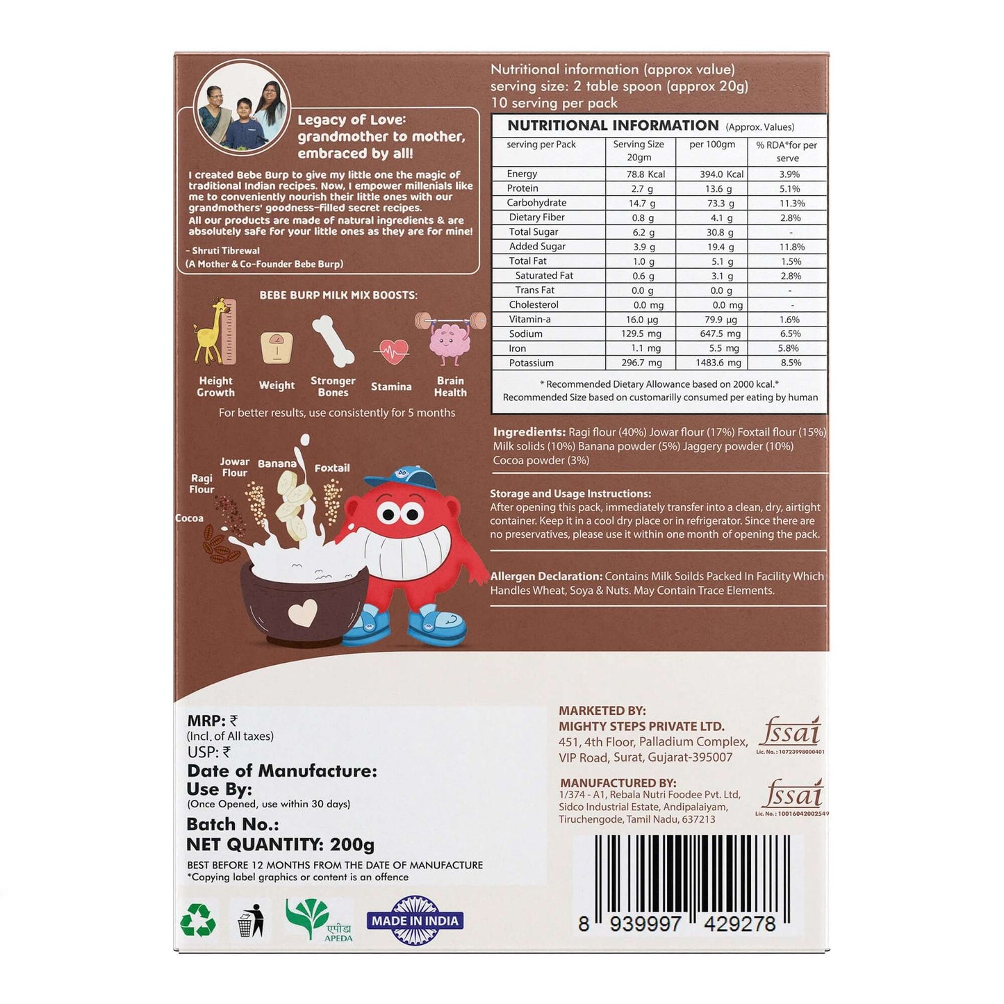 Millet Milk Mix – Ragi & Chocolate Health Drink for Kids 200 g nutritional information and packaging.