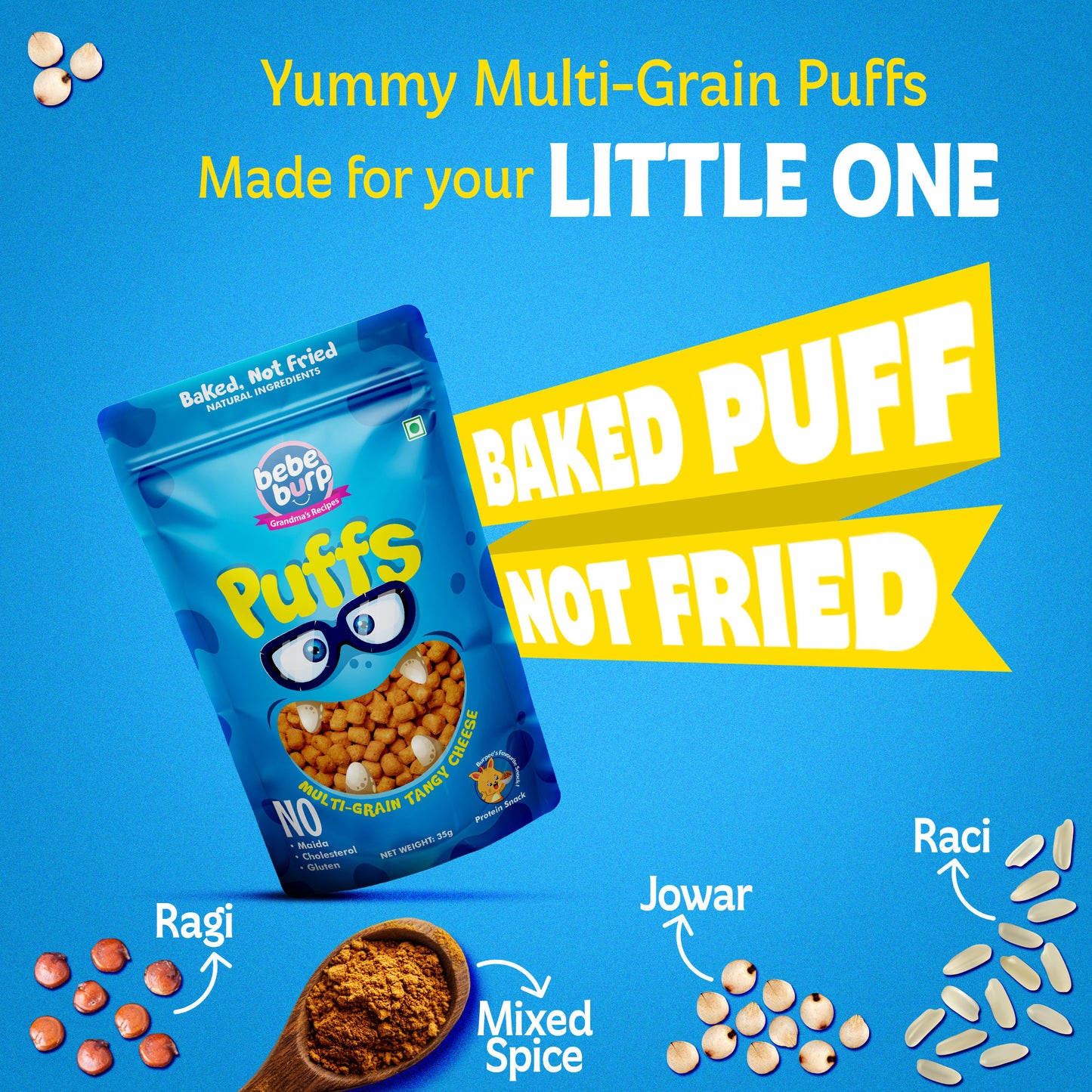 Four packs of Bebe Burp Cheese Puff in multigrain tangy flavor, shown with grains like millet, corn, and lentils.