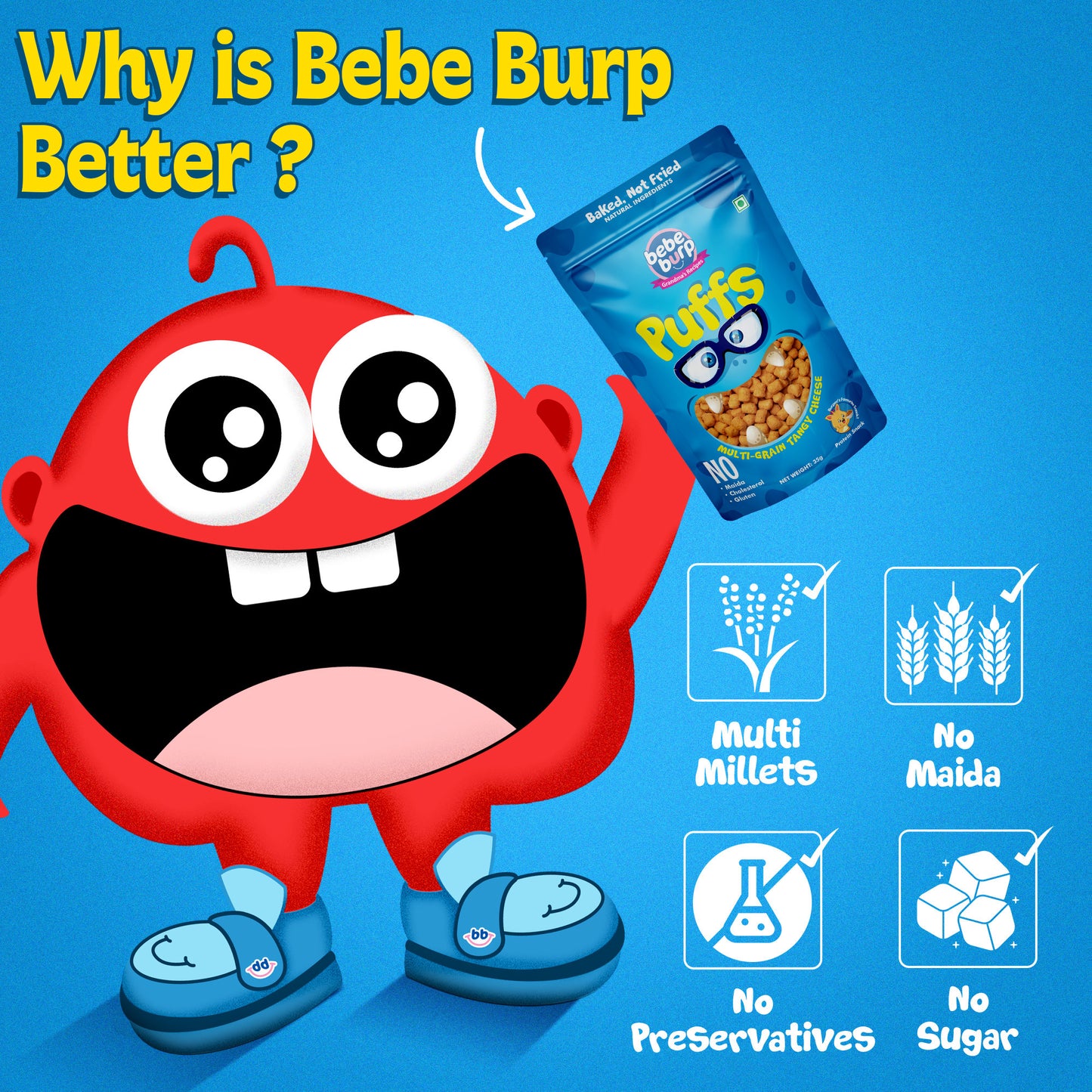 Four packs of Bebe Burp Cheese Puff in multigrain tangy flavor, shown with grains like millet, corn, and lentils.