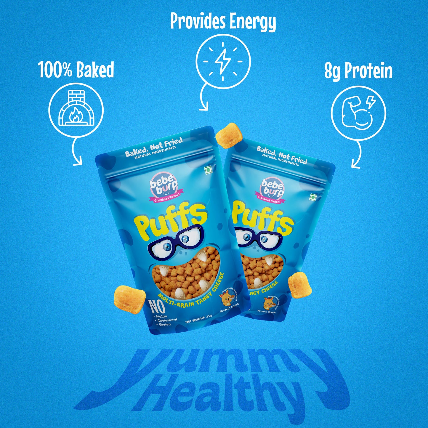Four packs of Bebe Burp Cheese Puff in multigrain tangy flavor, shown with grains like millet, corn, and lentils.