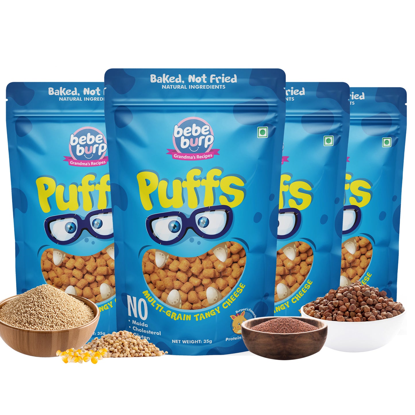 Four packs of Bebe Burp Cheese Puff in multigrain tangy flavor, shown with grains like millet, corn, and lentils.