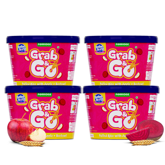Nutritious puffed rice mix for babies, made with apple and beetroot, perfect for healthy snacking.