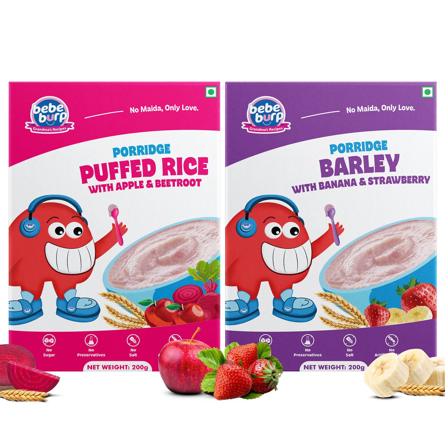 Two packages of rice pudding topped with fruit and berries, featuring barley porridge and puffed rice.