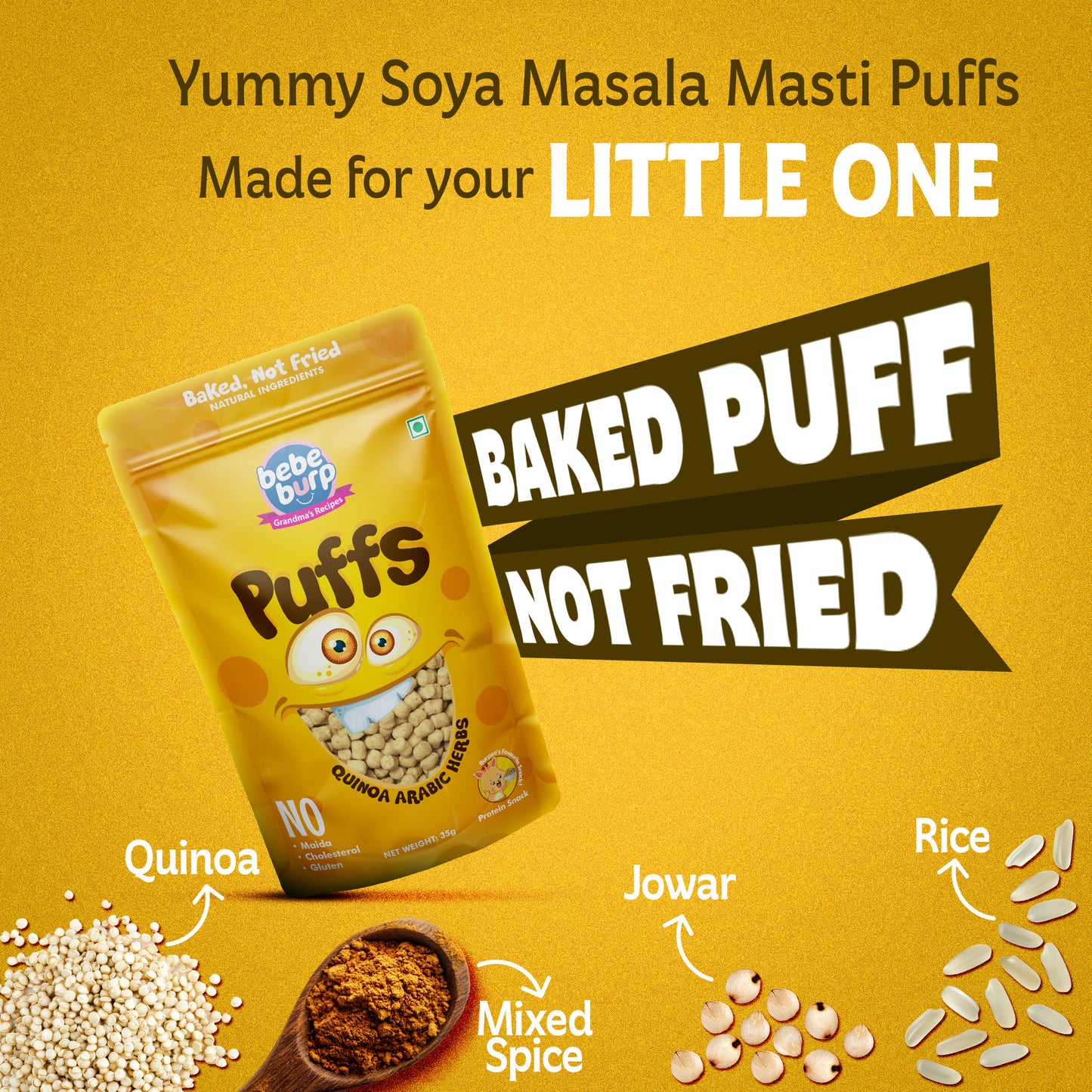 Four packs of Bebe Burp quinoa Arabic herbs puff for baby, with oats, quinoa, garlic, and millet displayed in front.