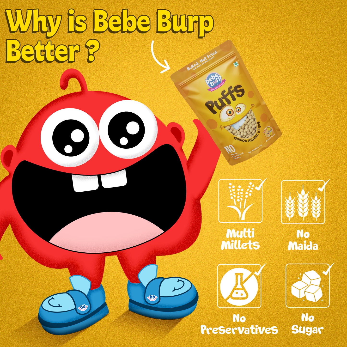 Four packs of Bebe Burp quinoa Arabic herbs puff for baby, with oats, quinoa, garlic, and millet displayed in front.