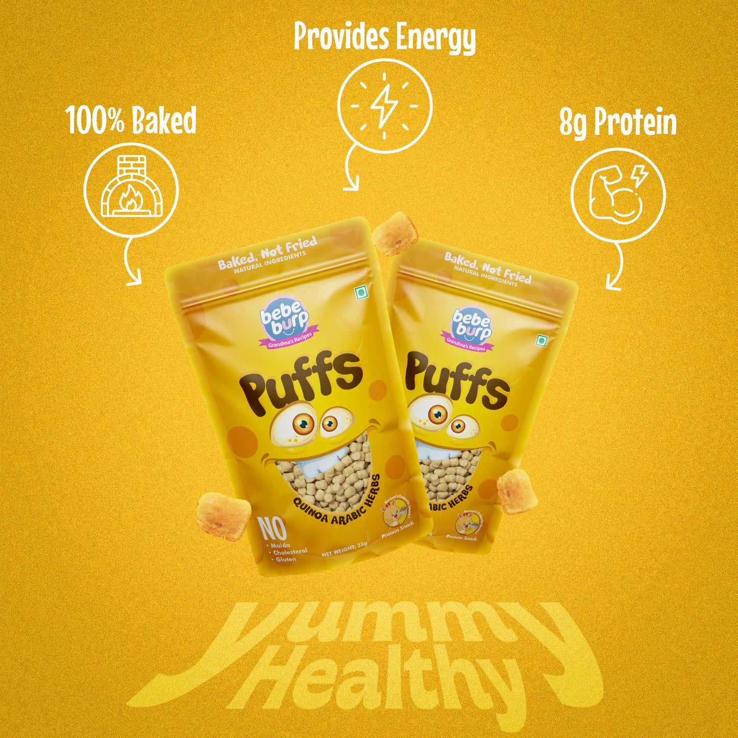 Four packs of Bebe Burp quinoa Arabic herbs puff for baby, with oats, quinoa, garlic, and millet displayed in front.