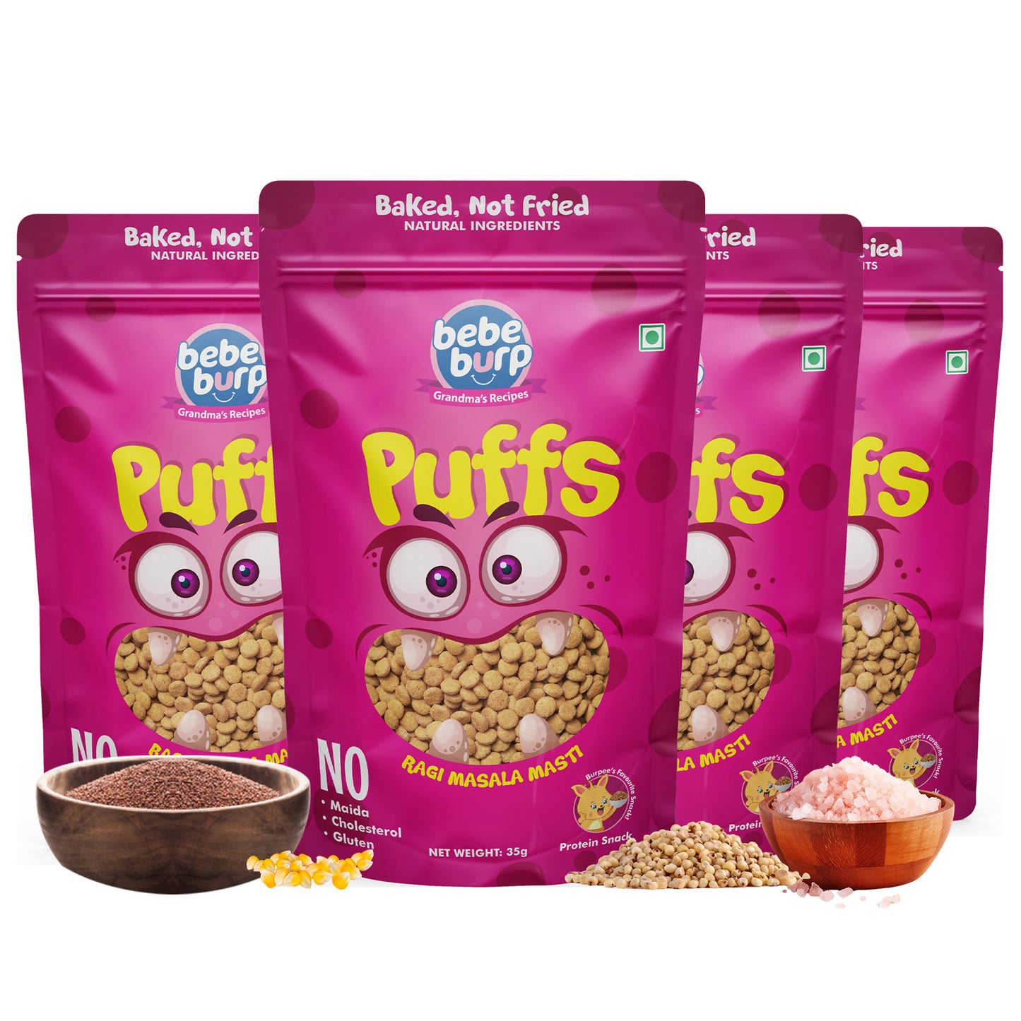 Bebe Burp Ragi Masala Masti baby puffs made with natural ingredients, shown with grains and spices in the front.