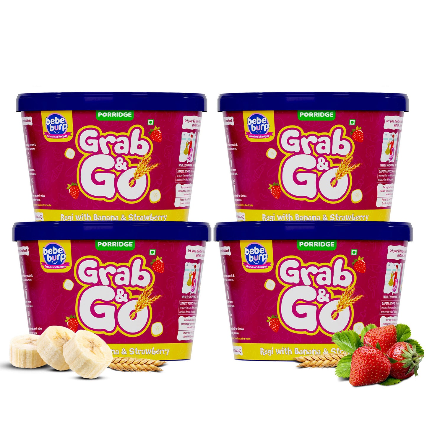 Bebe Burp Grab & Go Ragi Porridge with Banana & Strawberry – nutritious instant meal pack for babies (Pack of 4).