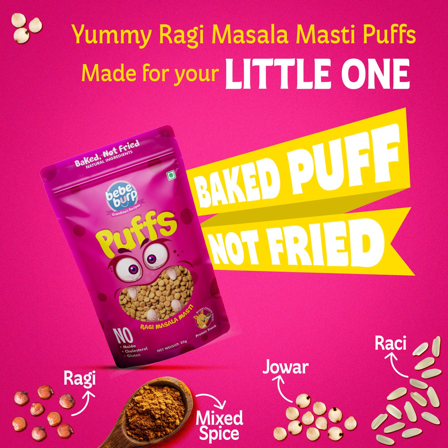 Bebe Burp Ragi Masala Masti baby puffs made with natural ingredients, shown with grains and spices in the front.