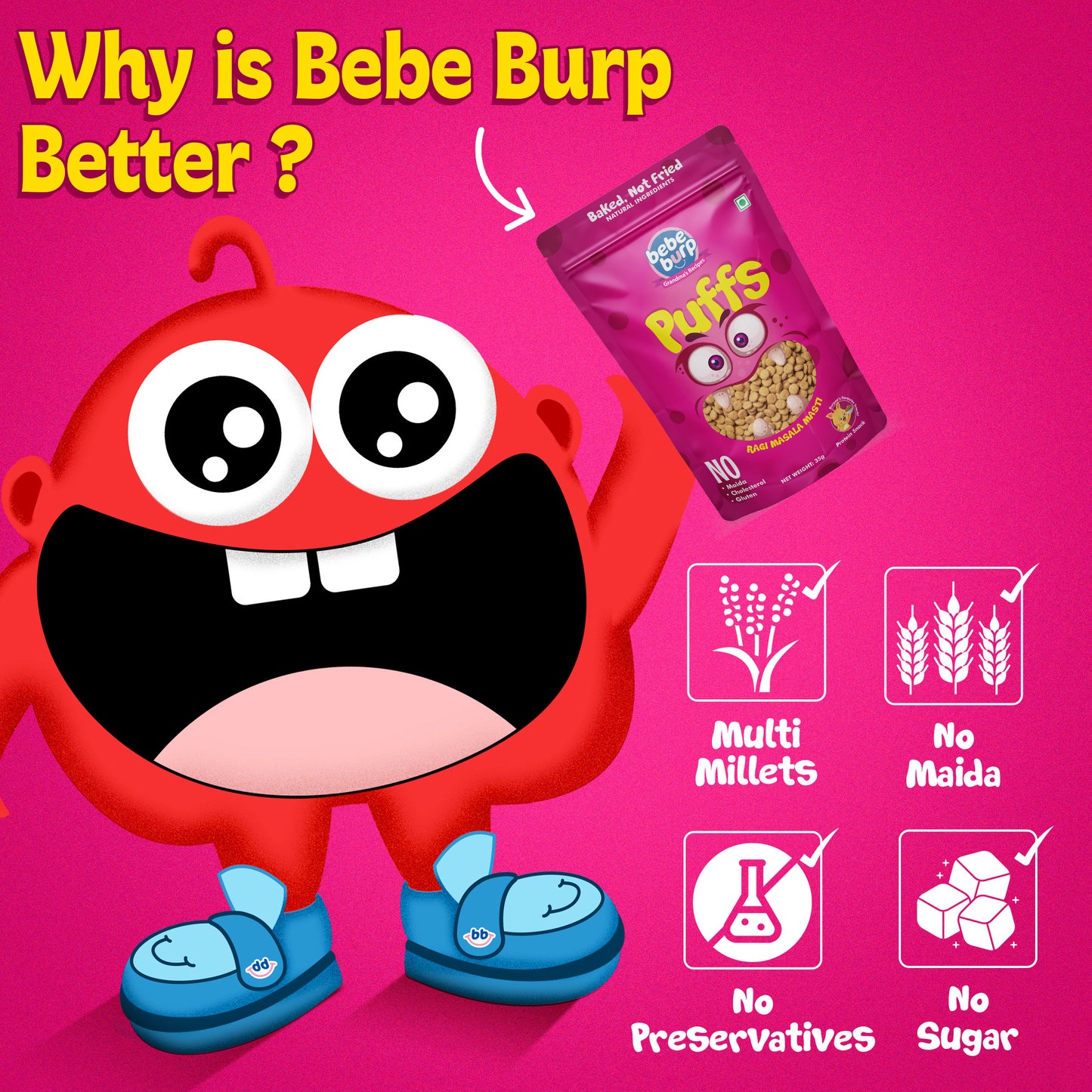 Bebe Burp Ragi Masala Masti baby puffs made with natural ingredients, shown with grains and spices in the front.