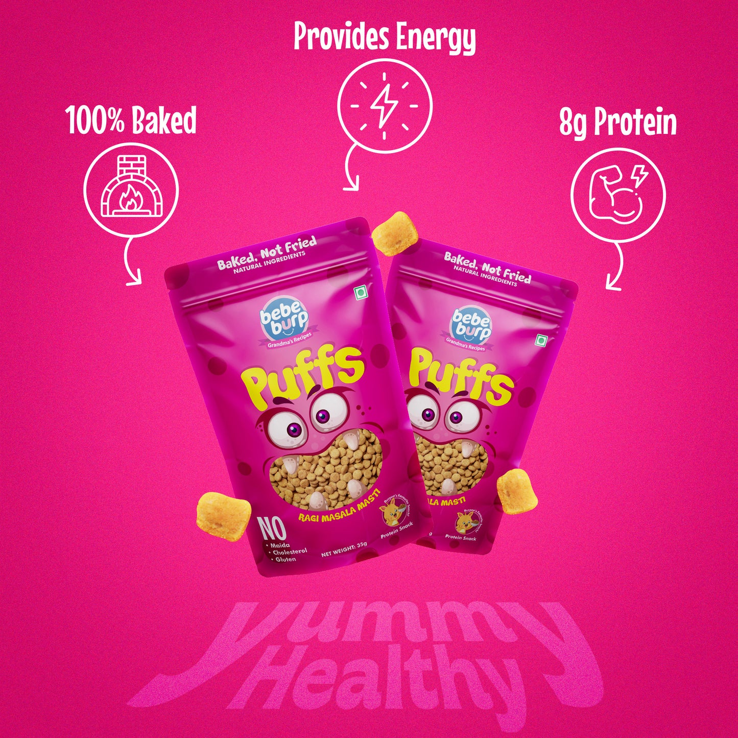 Bebe Burp Ragi Masala Masti baby puffs made with natural ingredients, shown with grains and spices in the front.