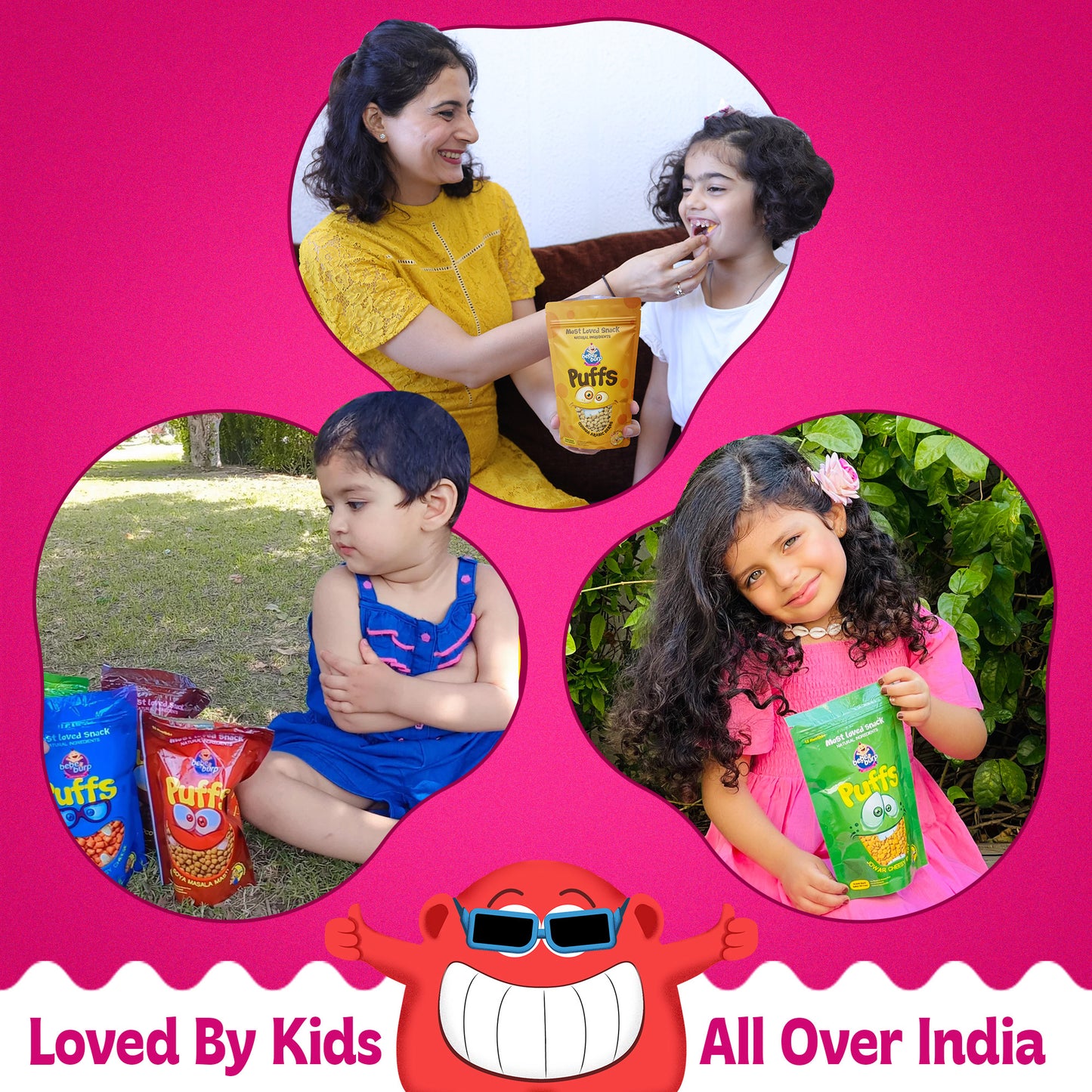 Bebe Burp Ragi Masala Masti baby puffs made with natural ingredients, shown with grains and spices in the front.