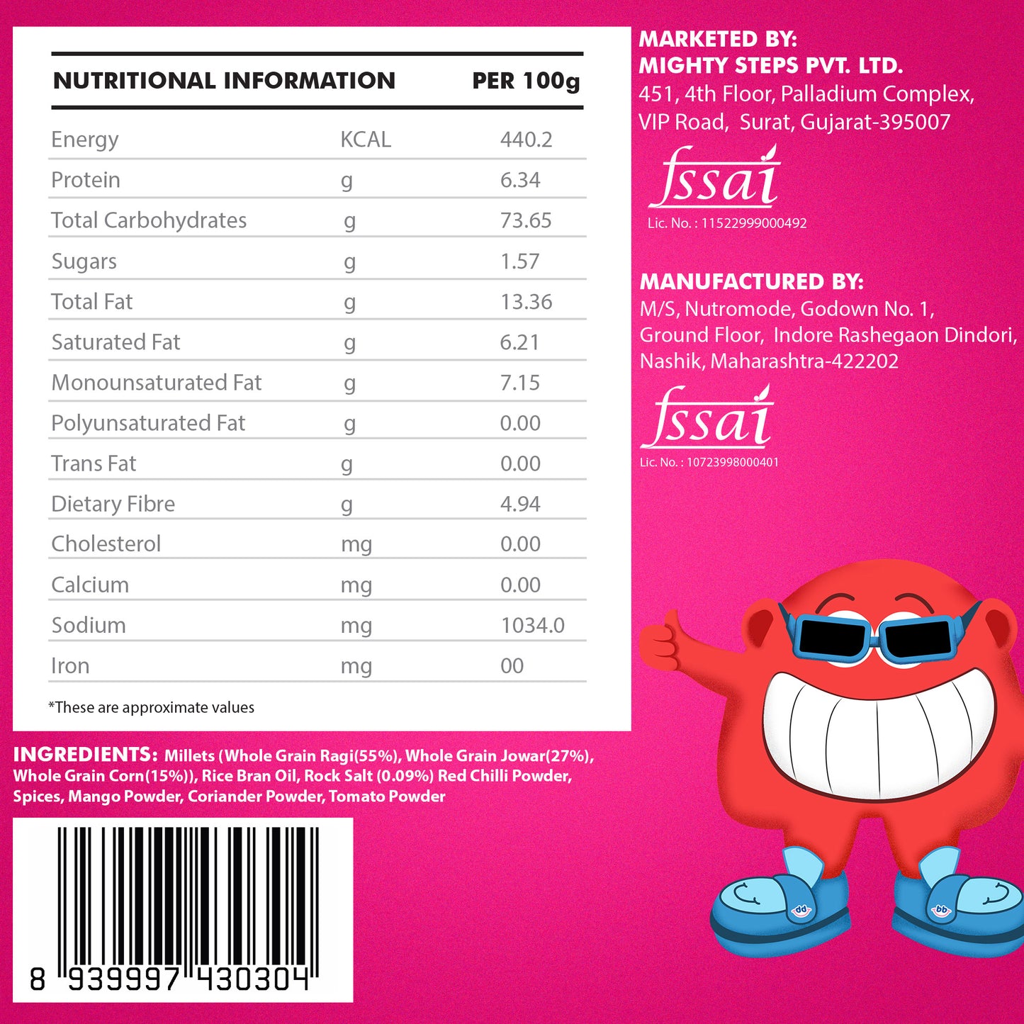 Bebe Burp Ragi Masala Masti baby puffs made with natural ingredients, shown with grains and spices in the front.