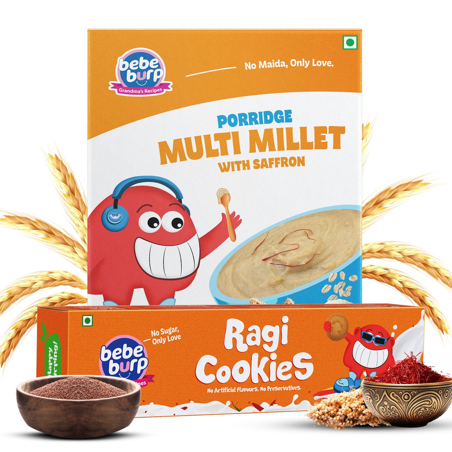 A box of ragi cookies alongside a box of multi millet porridge snacks, showcasing healthy snack options.