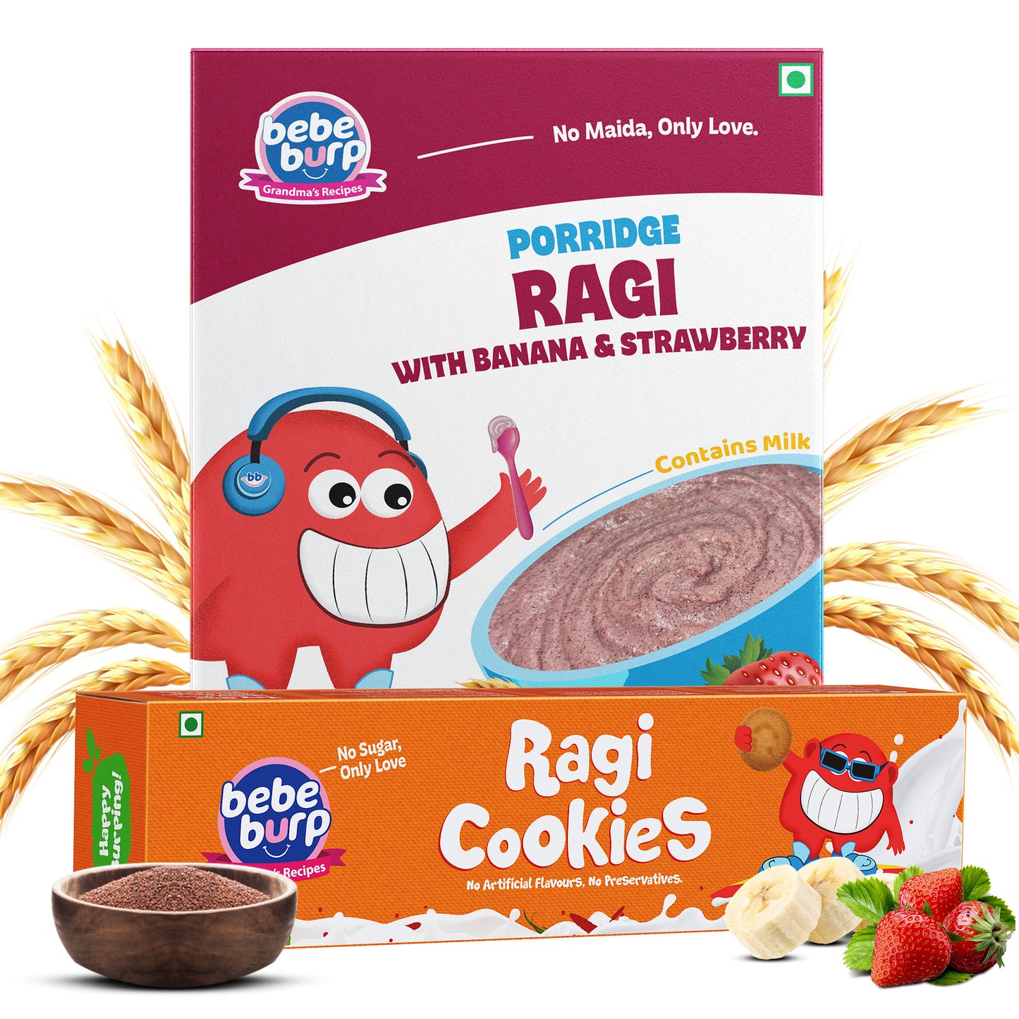 A box of ragi cookies alongside a box of ragi porridge, showcasing healthy snack and meal options.