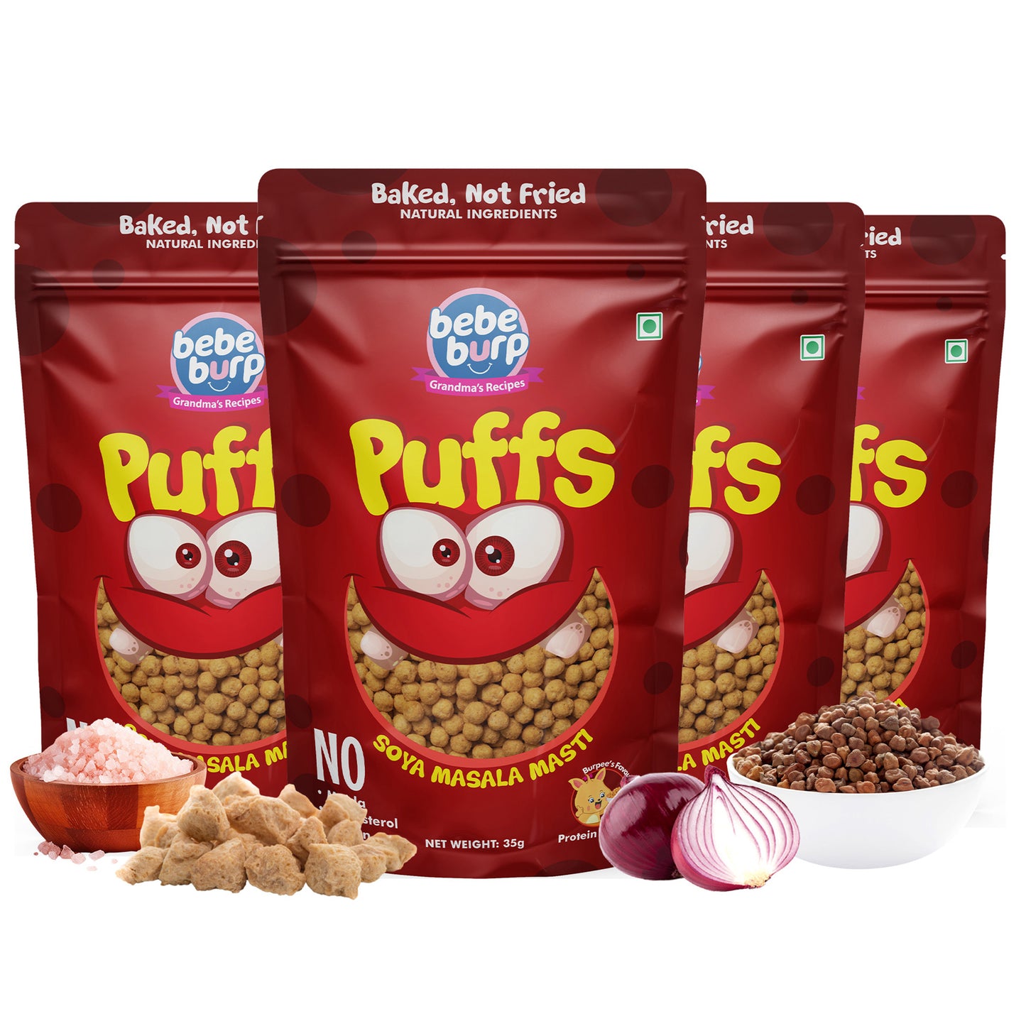 Four packs of Bebe Burp Masala Puff in soya masala masti flavor, shown with soy chunks, onion, pink salt, and lentils.