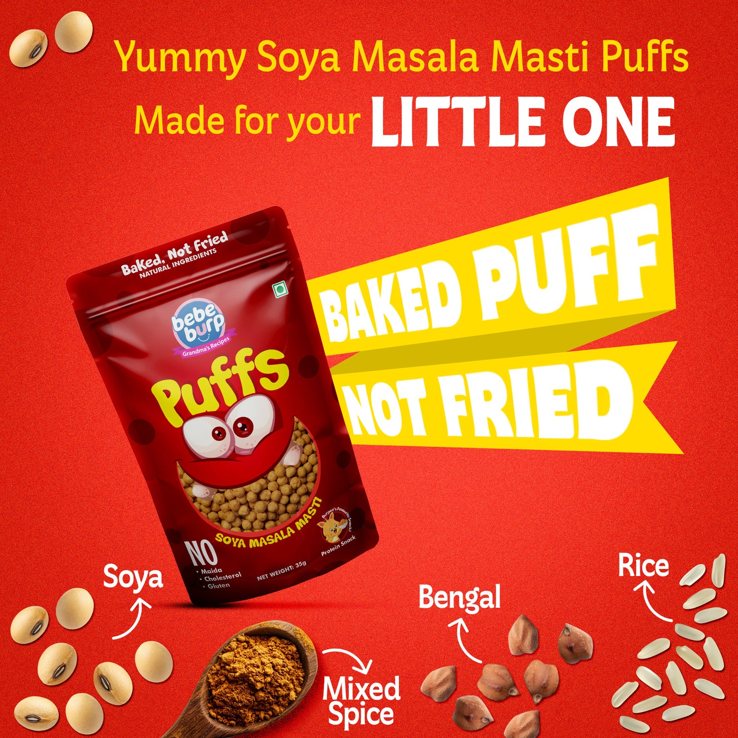 Four packs of Bebe Burp Masala Puff in soya masala masti flavor, shown with soy chunks, onion, pink salt, and lentils.