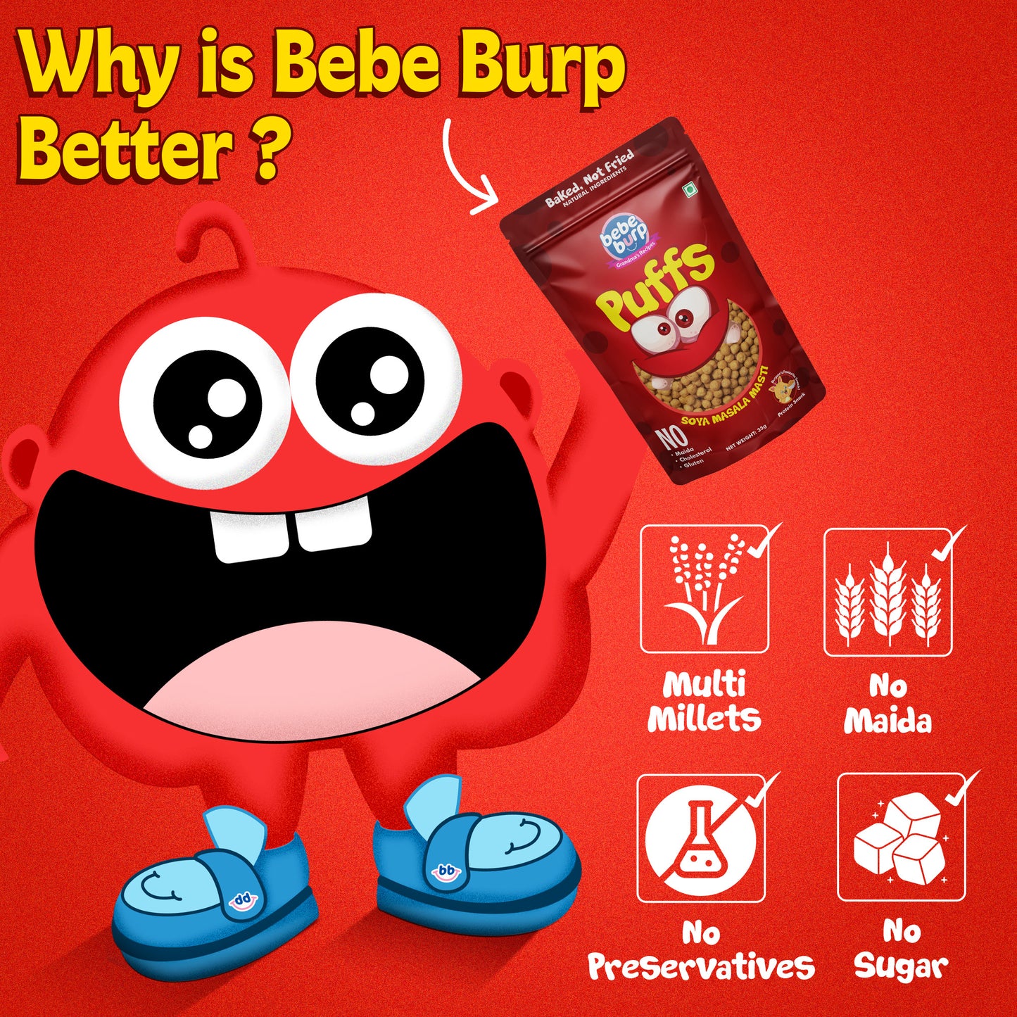 Four packs of Bebe Burp Masala Puff in soya masala masti flavor, shown with soy chunks, onion, pink salt, and lentils.