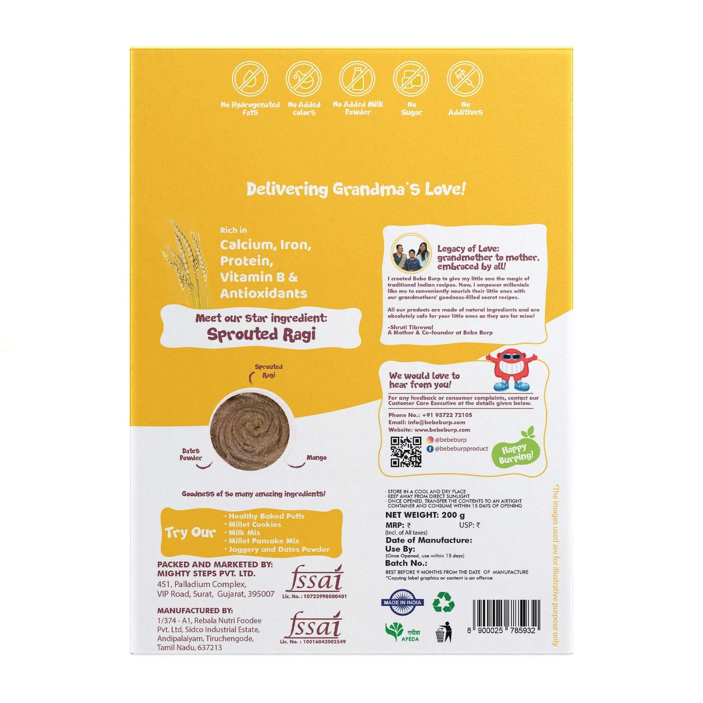 Sprouted Ragi Mango Porridge Mix | Healthy Baby Porridge (200 gm) back packaging showcasing ingredients and nutrition details.