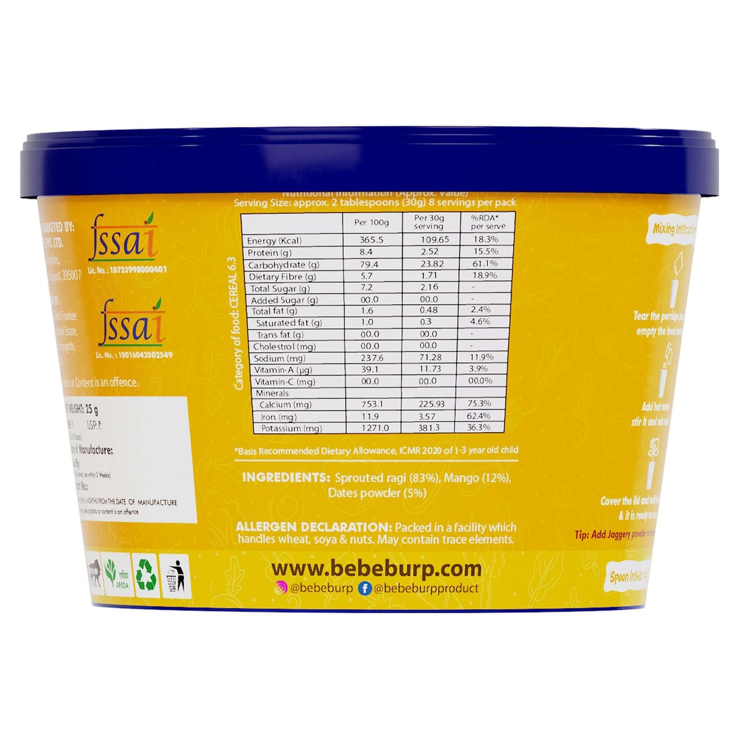 Travel Pack Grab & Go Sprouted Ragi with Mango (Pack of 4) 30 gm each packaging nutritional information